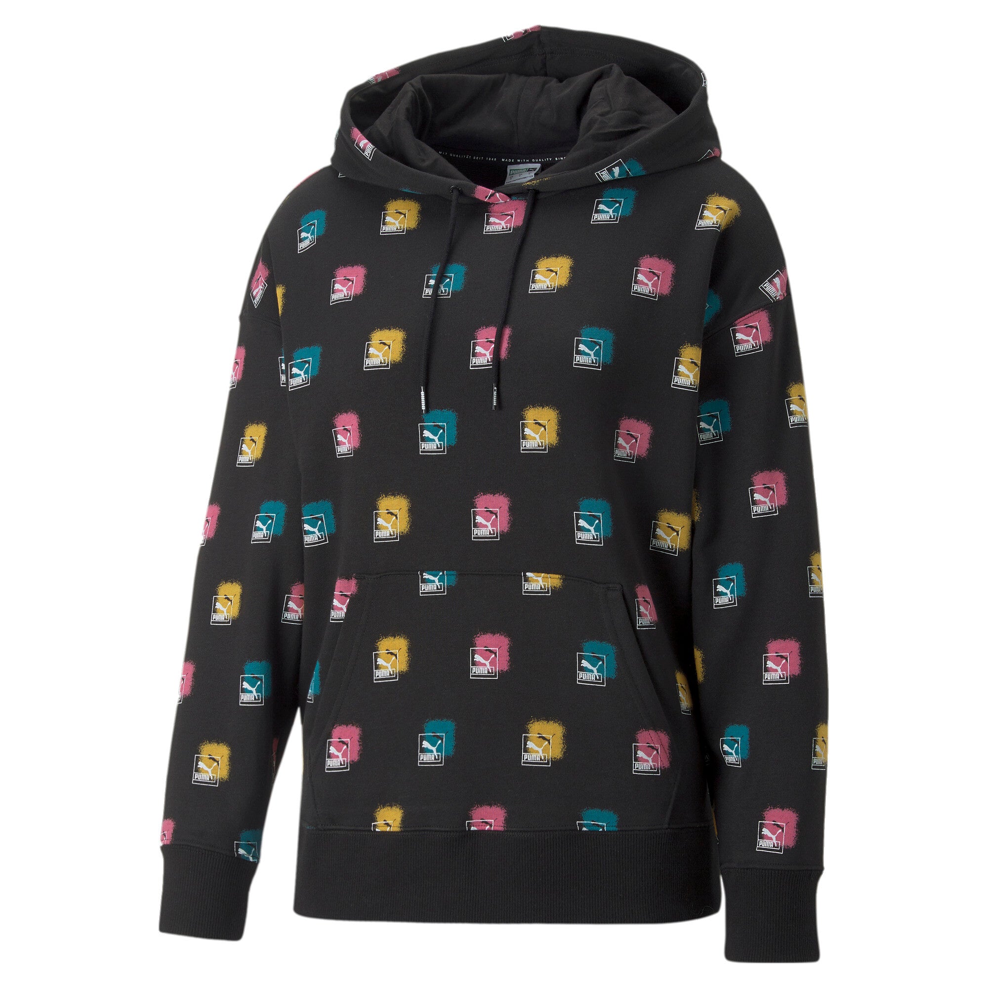 Puma brand love printed hoodie women in black - Front View