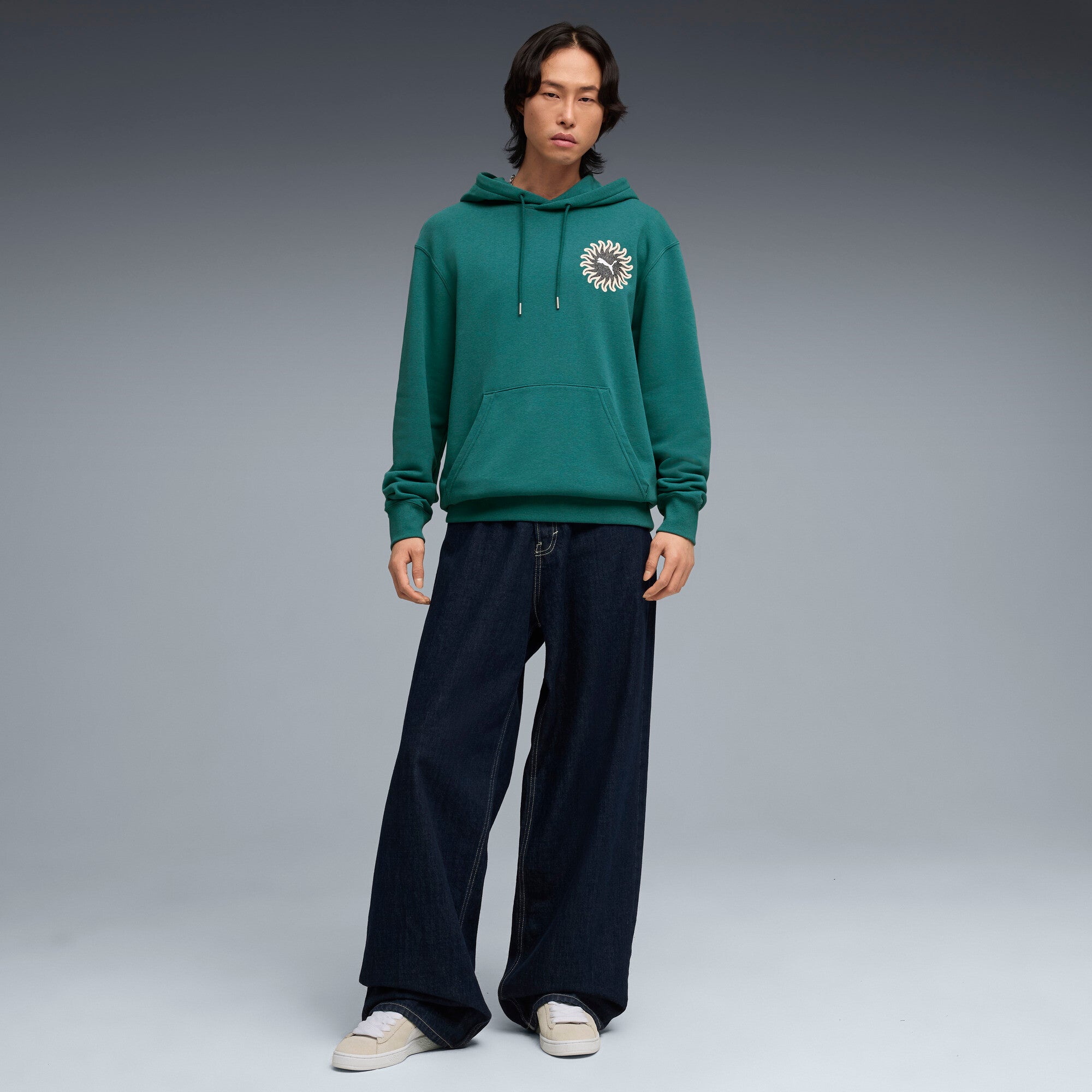 PUMA sunset drive hoodie men in emerald ice — model shot 3