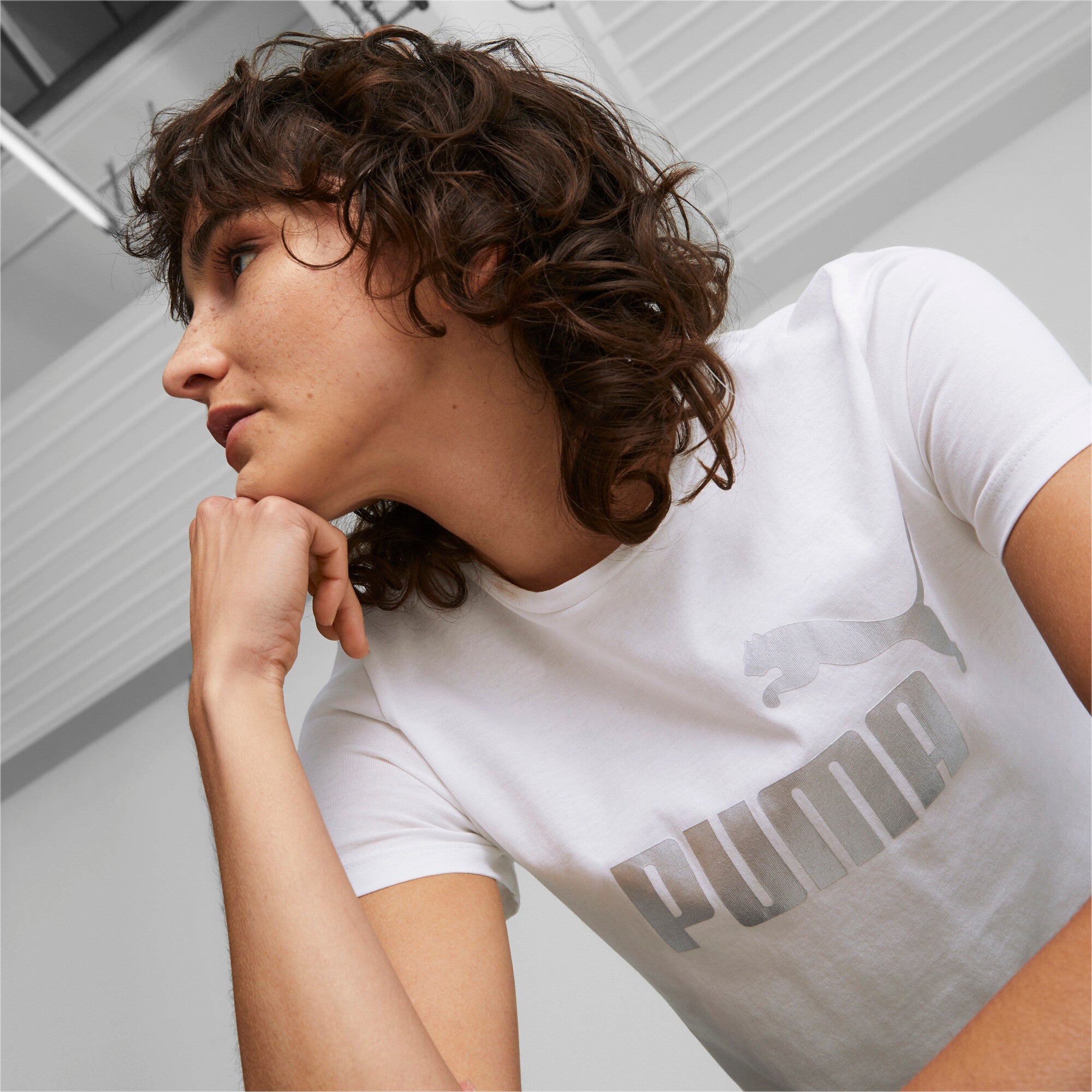 Puma essentials+ metallic logo tee in purple - Model Shot 03