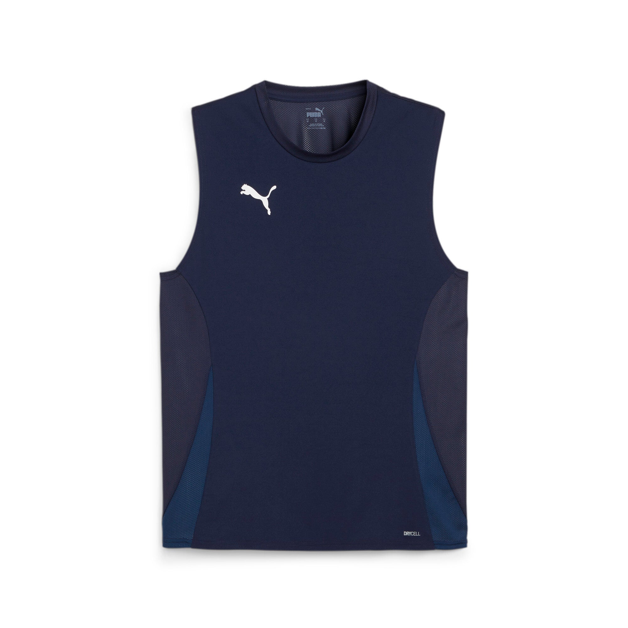 Puma teamGOAL sleeveless football jersey in navy and white - Front View