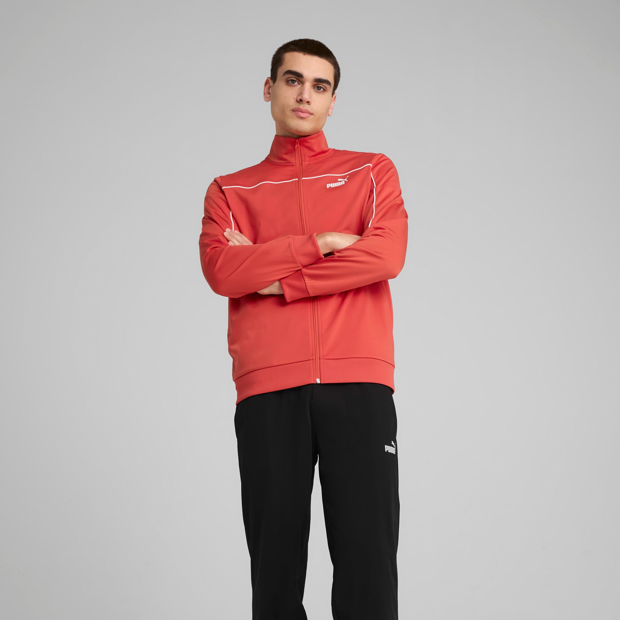 Puma poly piping tracksuit in red fire - Model Shot 03