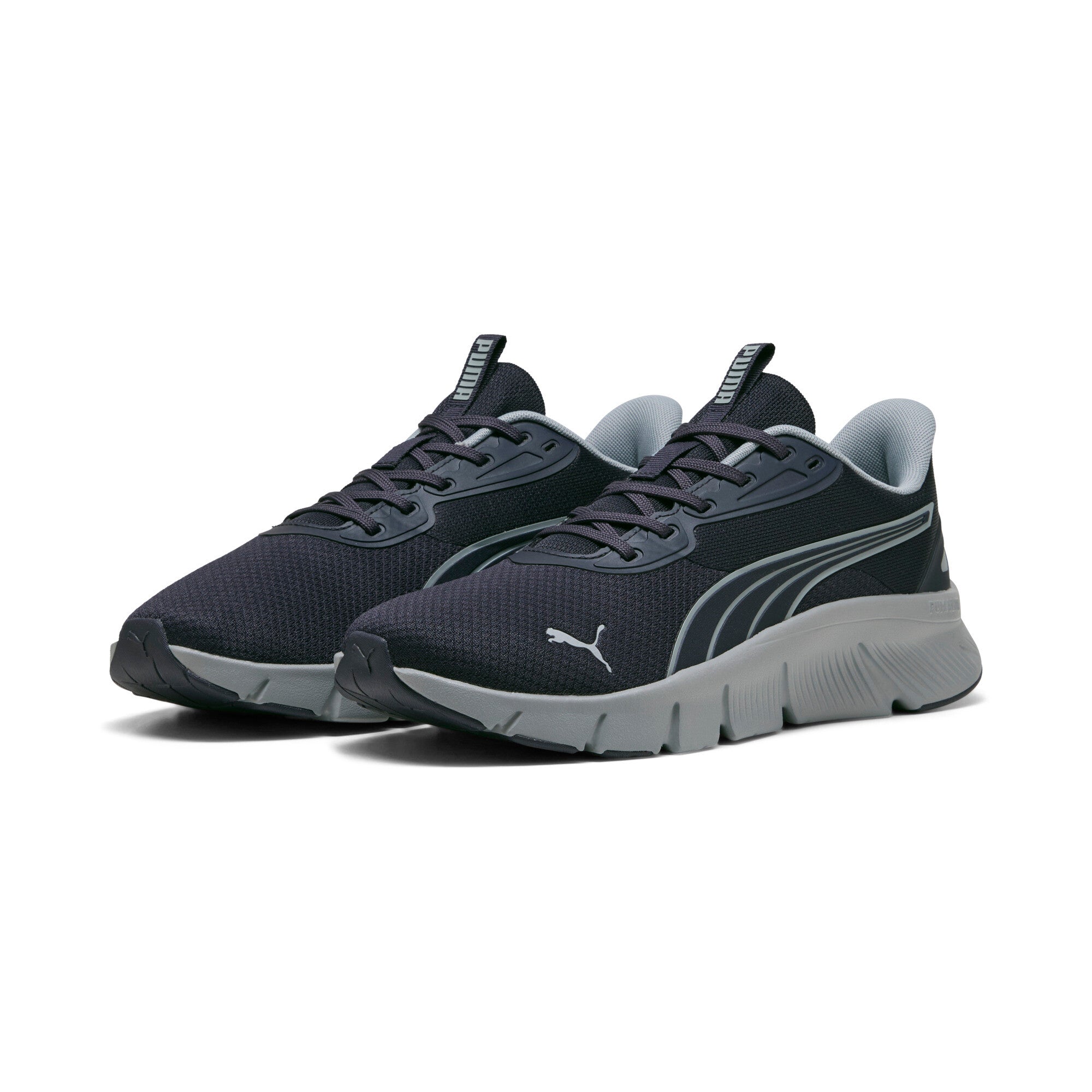 Puma Flexfocus lite modern woven running shoes in navy blue and cool mid gray - Front View