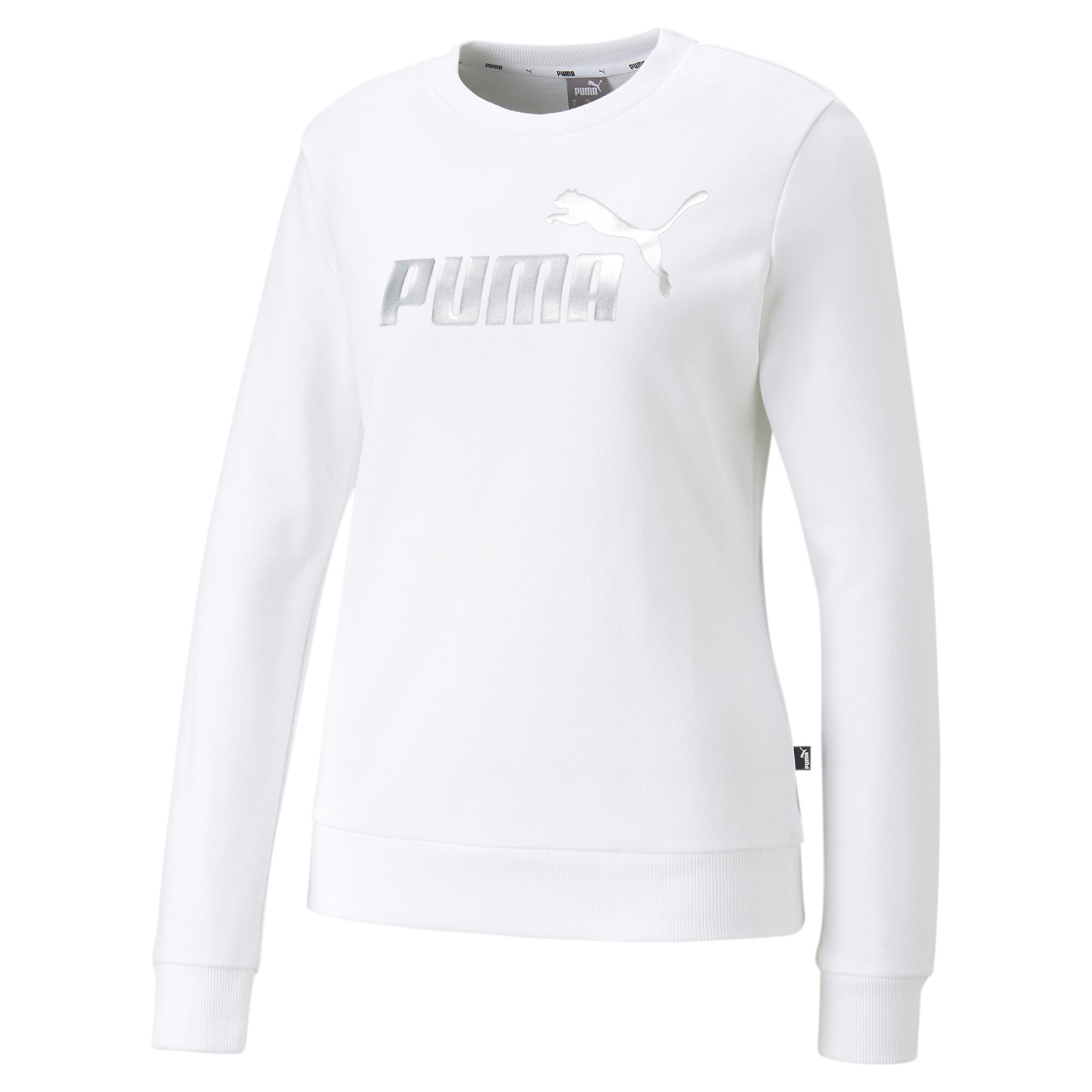 Puma essentials+ metallic logo crew neck sweatshirt in white - Front View