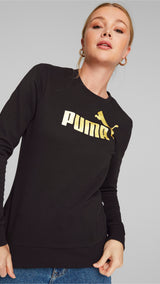 Puma essentials+ metallic logo crew neck sweatshirt women in black - Model Shot 01
