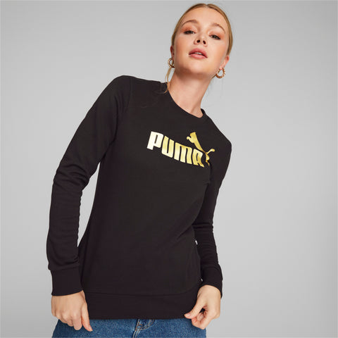 PUMA essentials+ metallic logo crew neck sweatshirt women in black