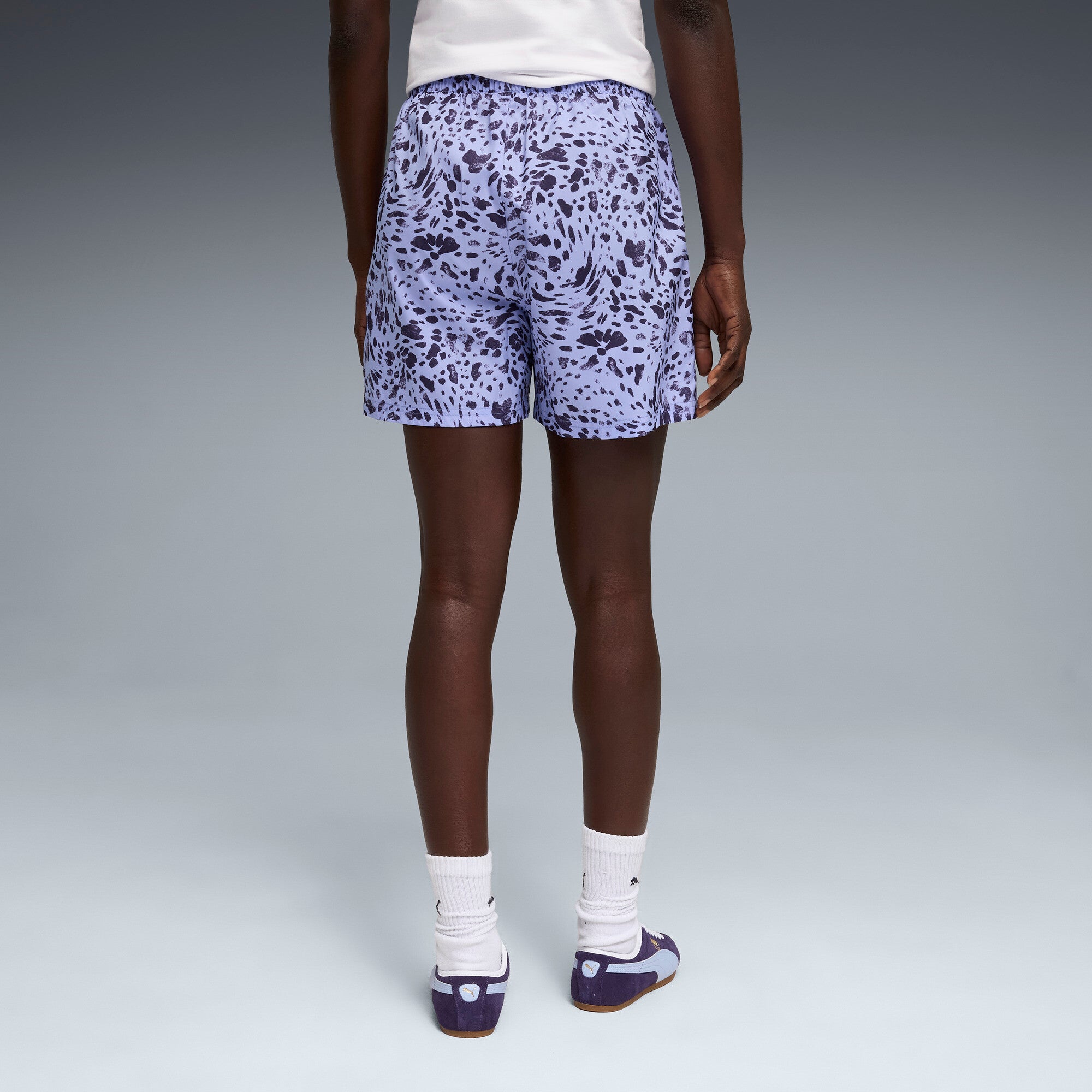 PUMA essentials graphics animal high-rise printed 4" shorts women in intense lavender — model shot 2