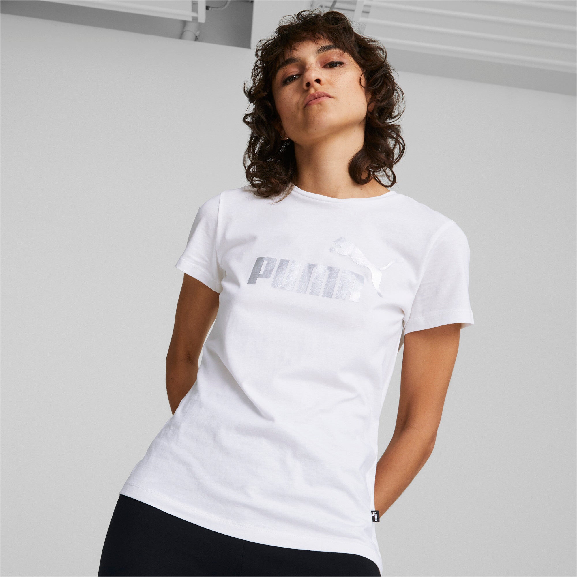 Puma essentials+ metallic logo tee in purple - Model Shot 01