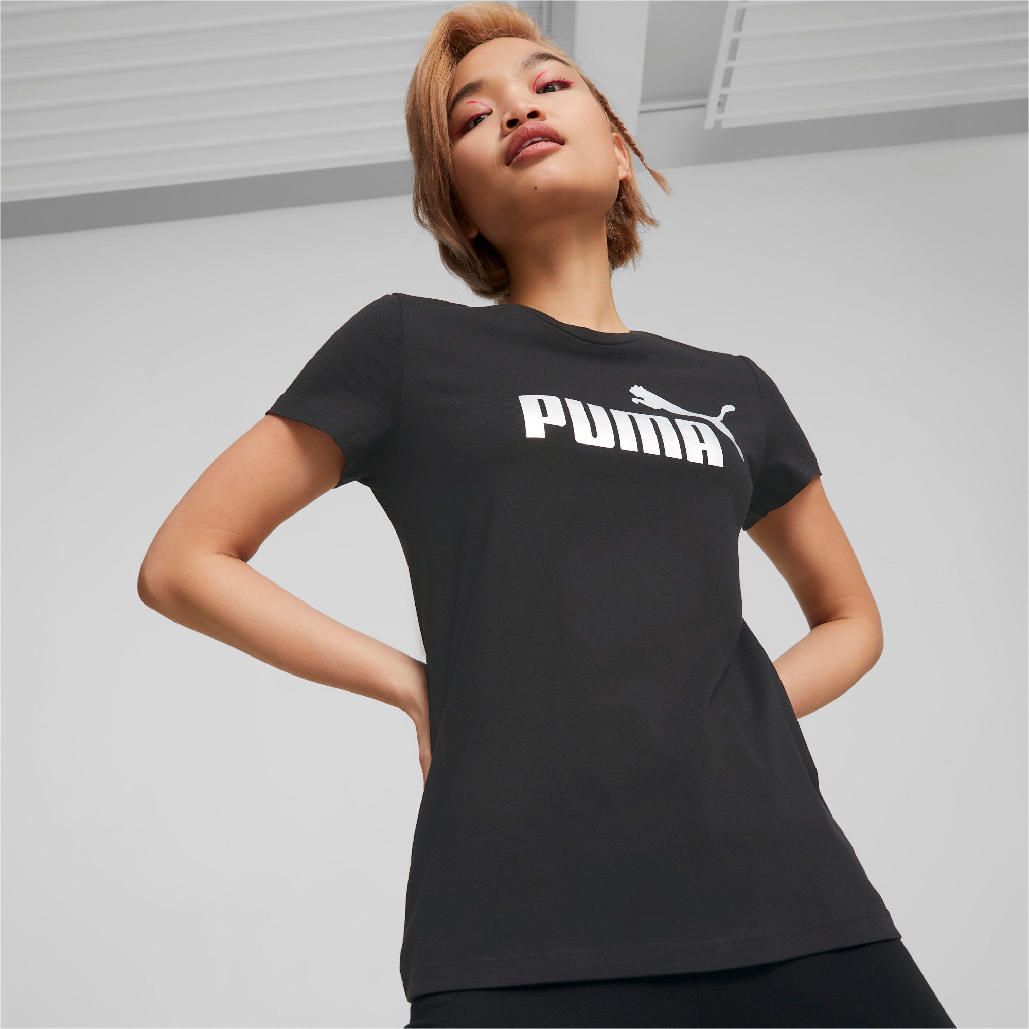 Puma essentials+ metallic logo tee in purple - Model Shot 02