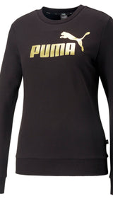 Puma essentials+ metallic logo crew neck sweatshirt women in black - Front View