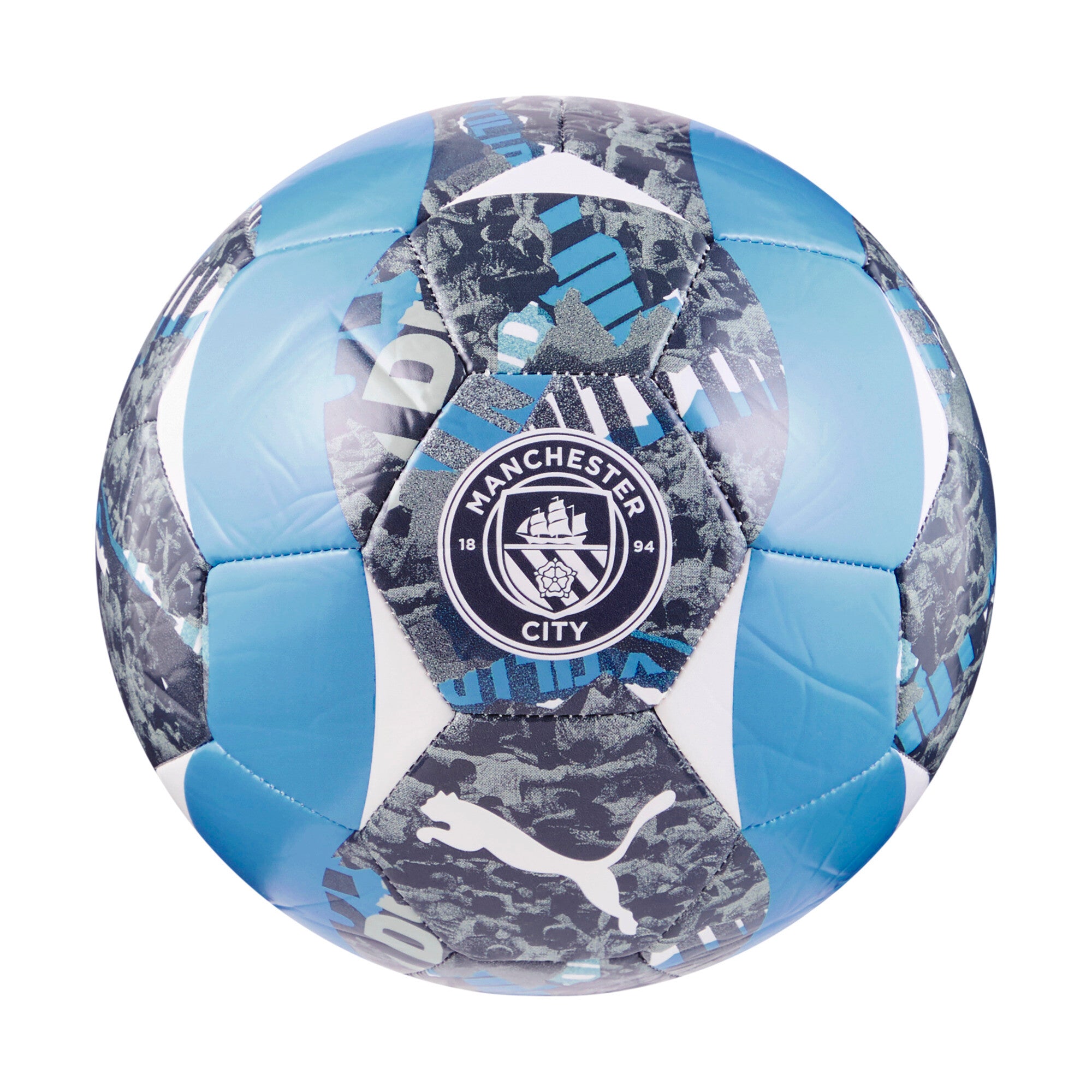 Puma MCFC prematch ball in strong gray and team light blue - Front View