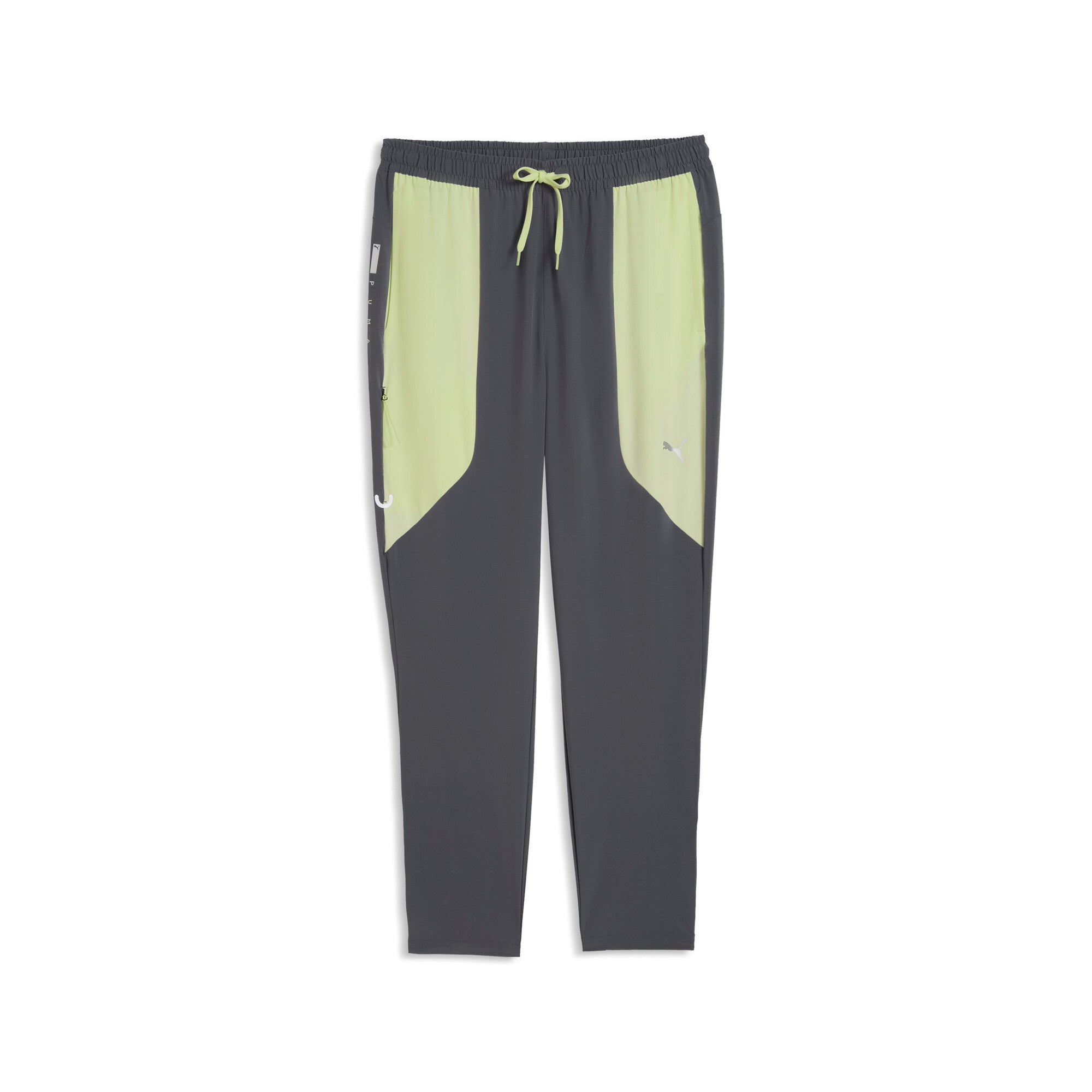 PUMA FLEX STRETCH woven training pants in gray and green — front view