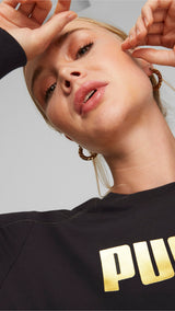 Puma essentials+ metallic logo crew neck sweatshirt women in black - Model Shot 03