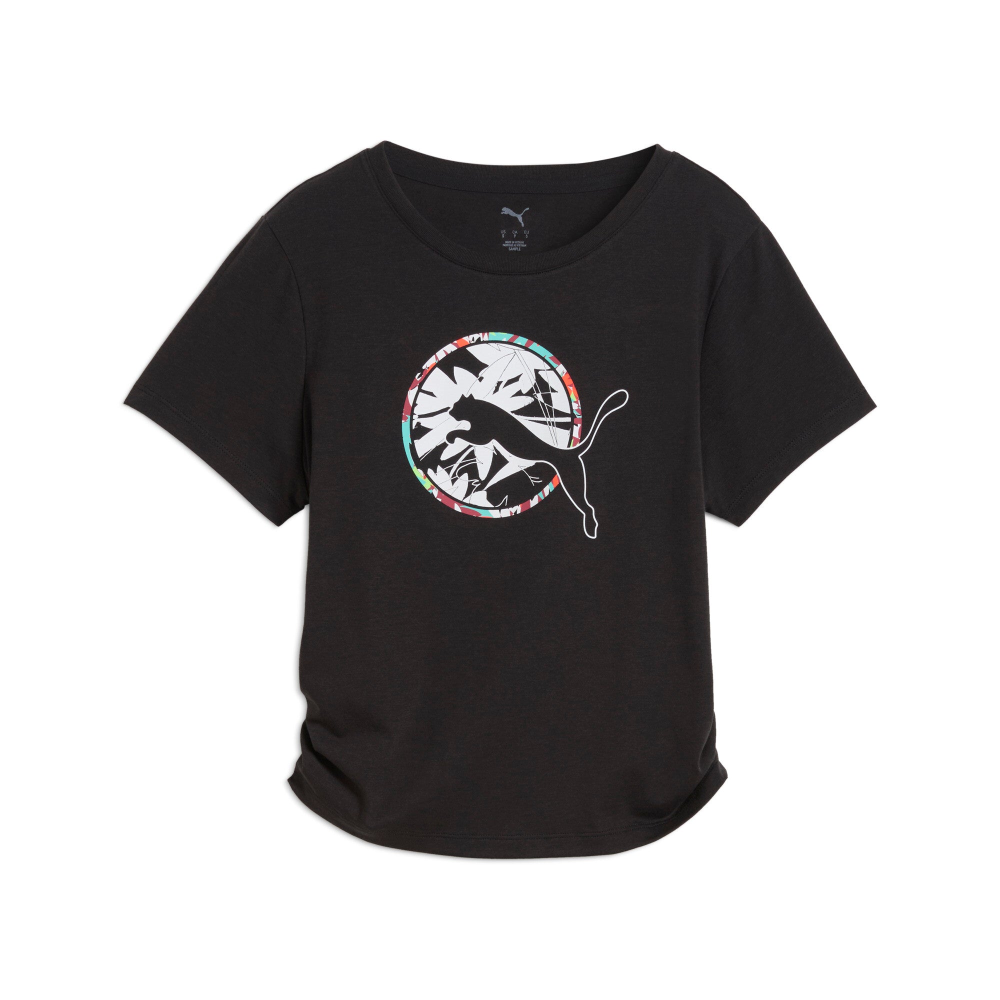 Puma tropical graphic fashion crop tee in black - Front View