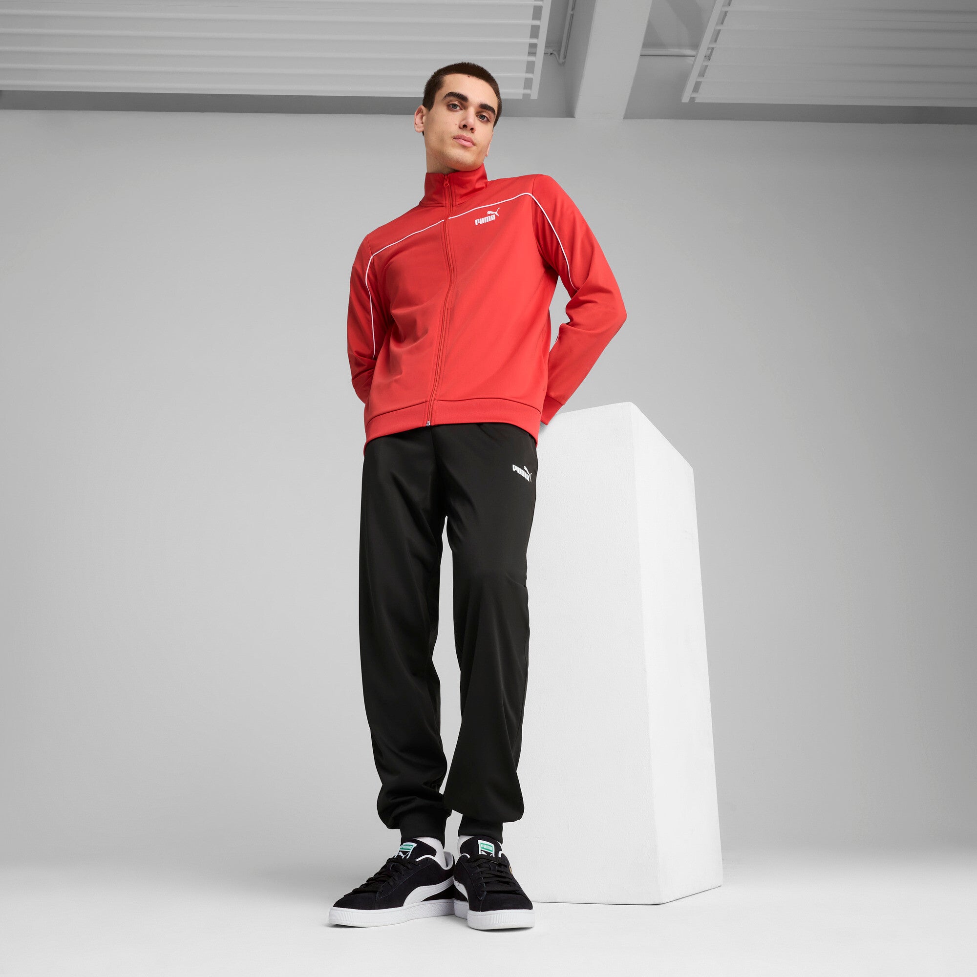 Puma poly piping tracksuit in red fire - Model Shot 01