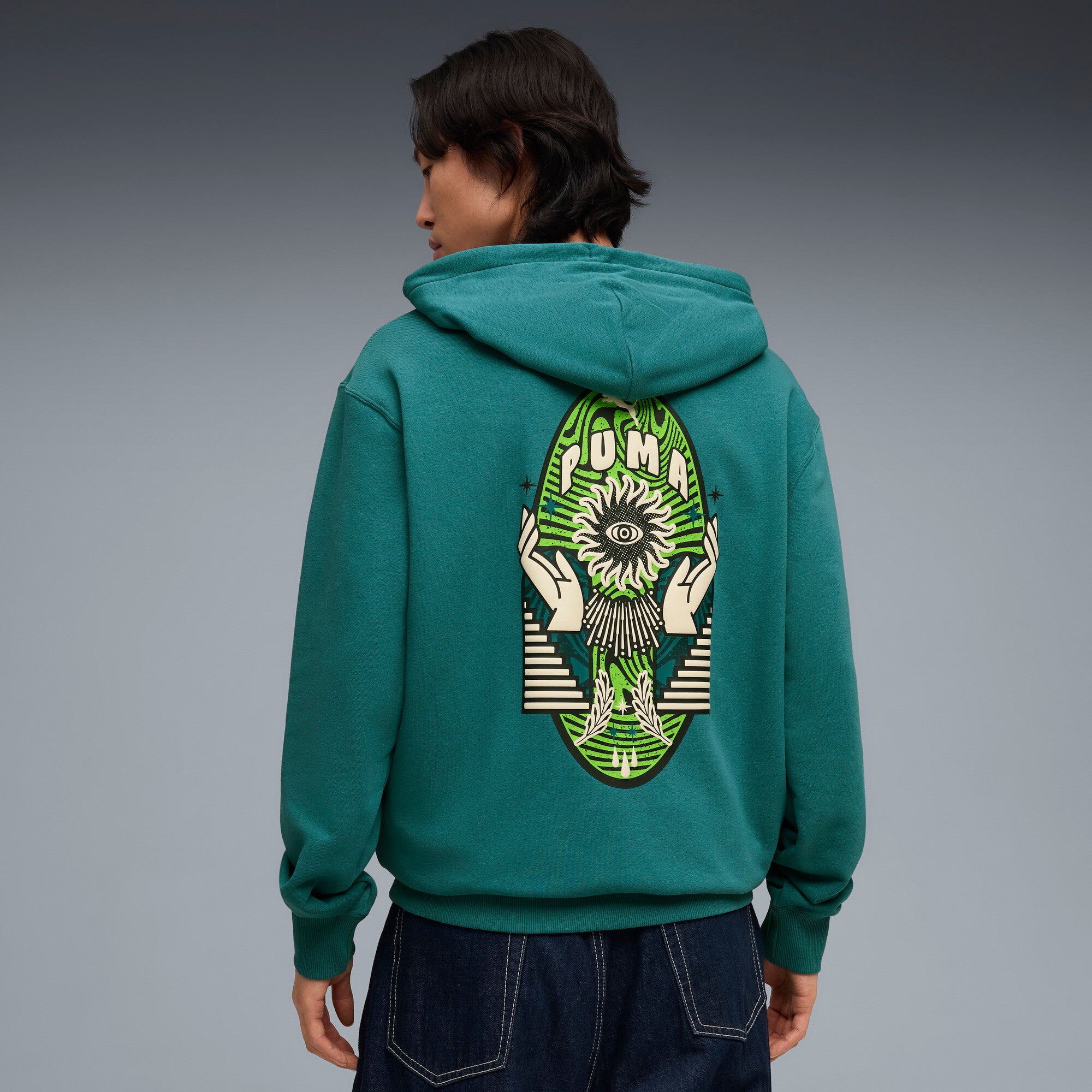 PUMA sunset drive hoodie men in emerald ice — model shot 2