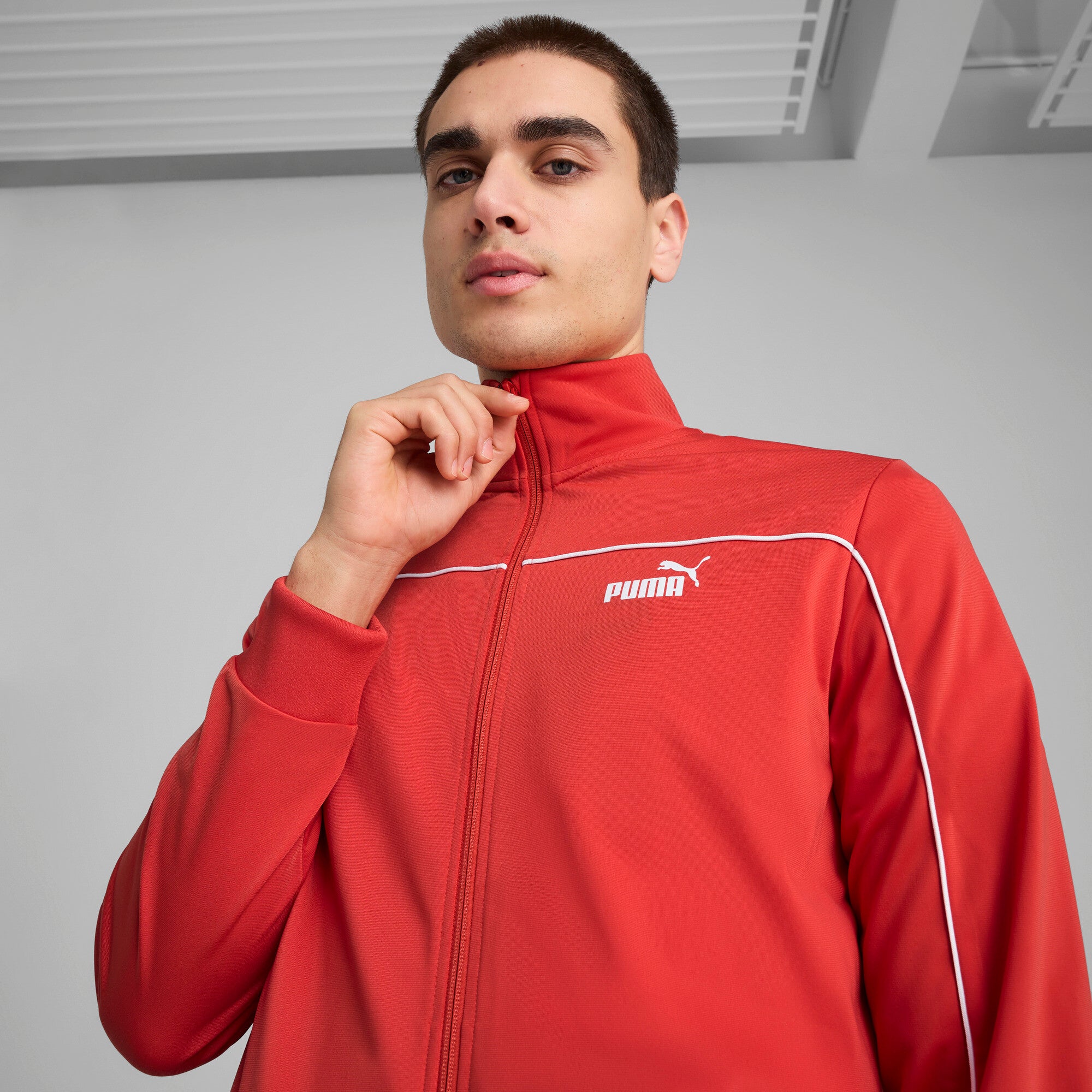 Puma poly piping tracksuit in red fire - Model Shot 02