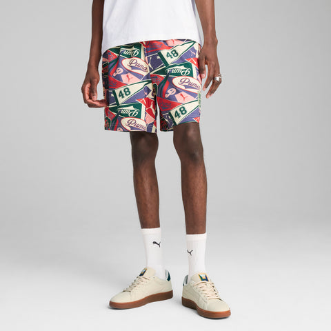 PUMA sports legacy graphic relaxed shorts 6'' in blue crystal and aop