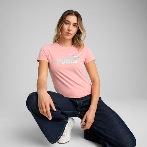 PUMA ESS metallic no. 1 logo tee in pink fruit and metallic silver