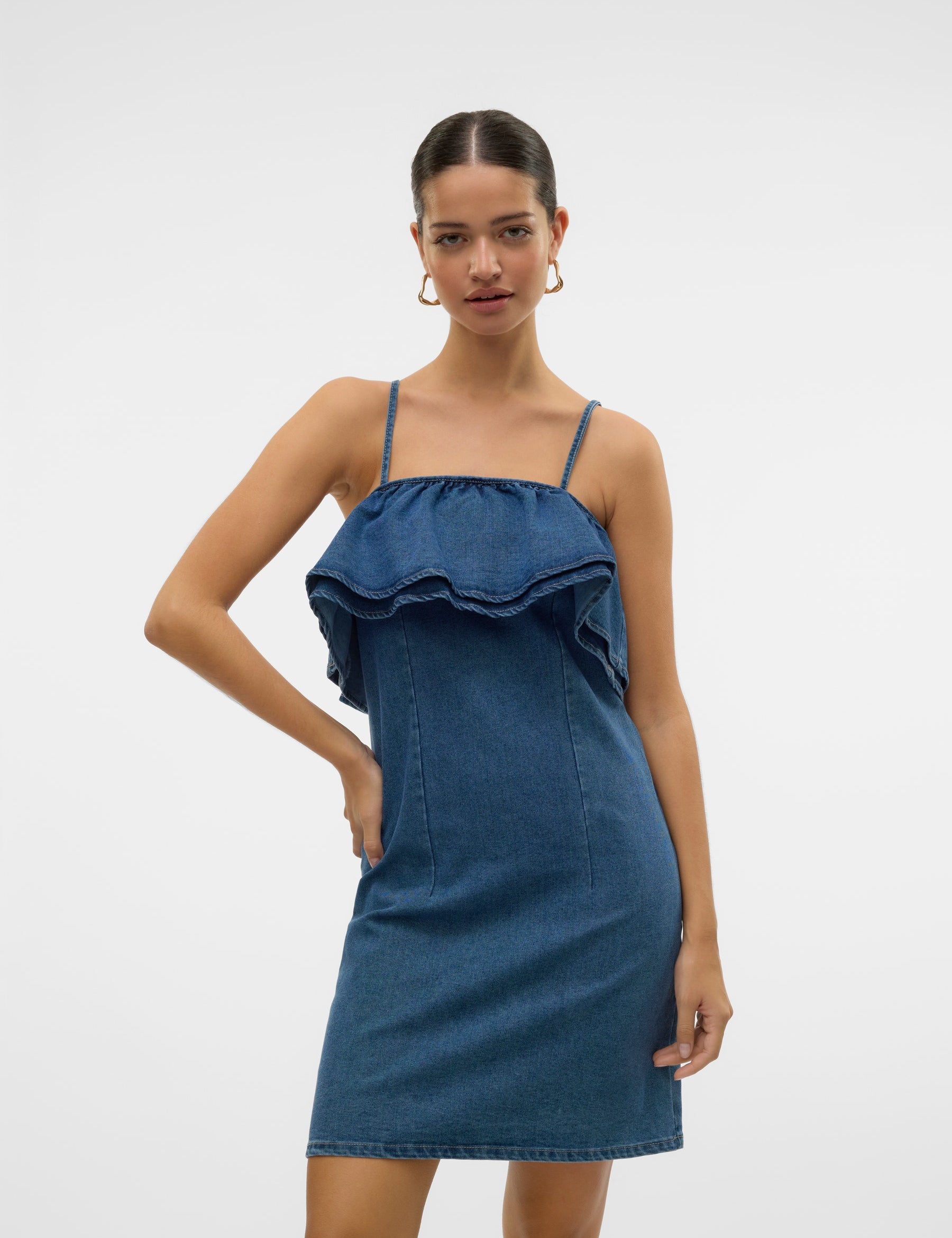 VERO MODA VMANNY frill short dress in medium blue - Image 1