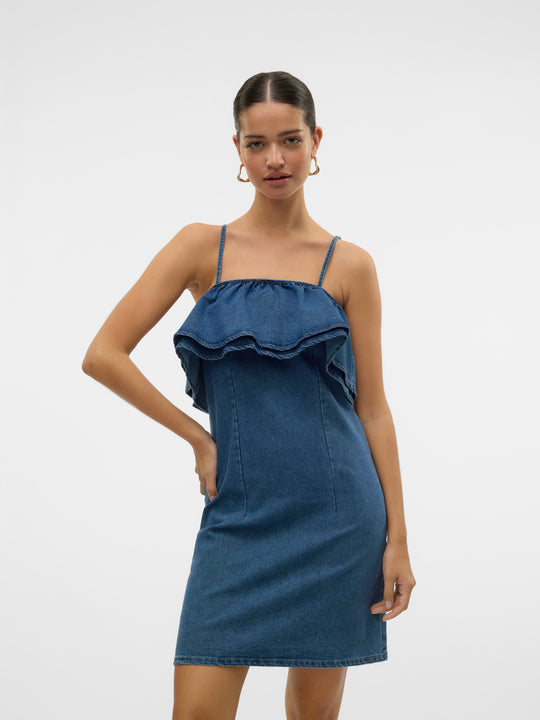 VERO MODA VMANNY frill short dress in medium blue - Image 1