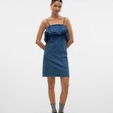 VERO MODA VMANNY frill short dress in medium blue - Image 5
