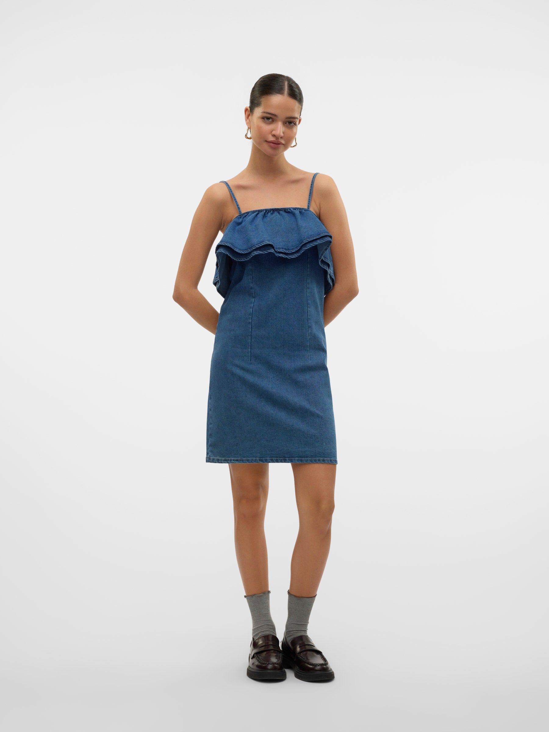 VERO MODA VMANNY frill short dress in medium blue - Image 5