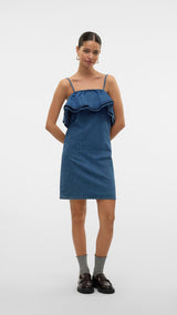 VERO MODA VMANNY frill short dress in medium blue - Image 5