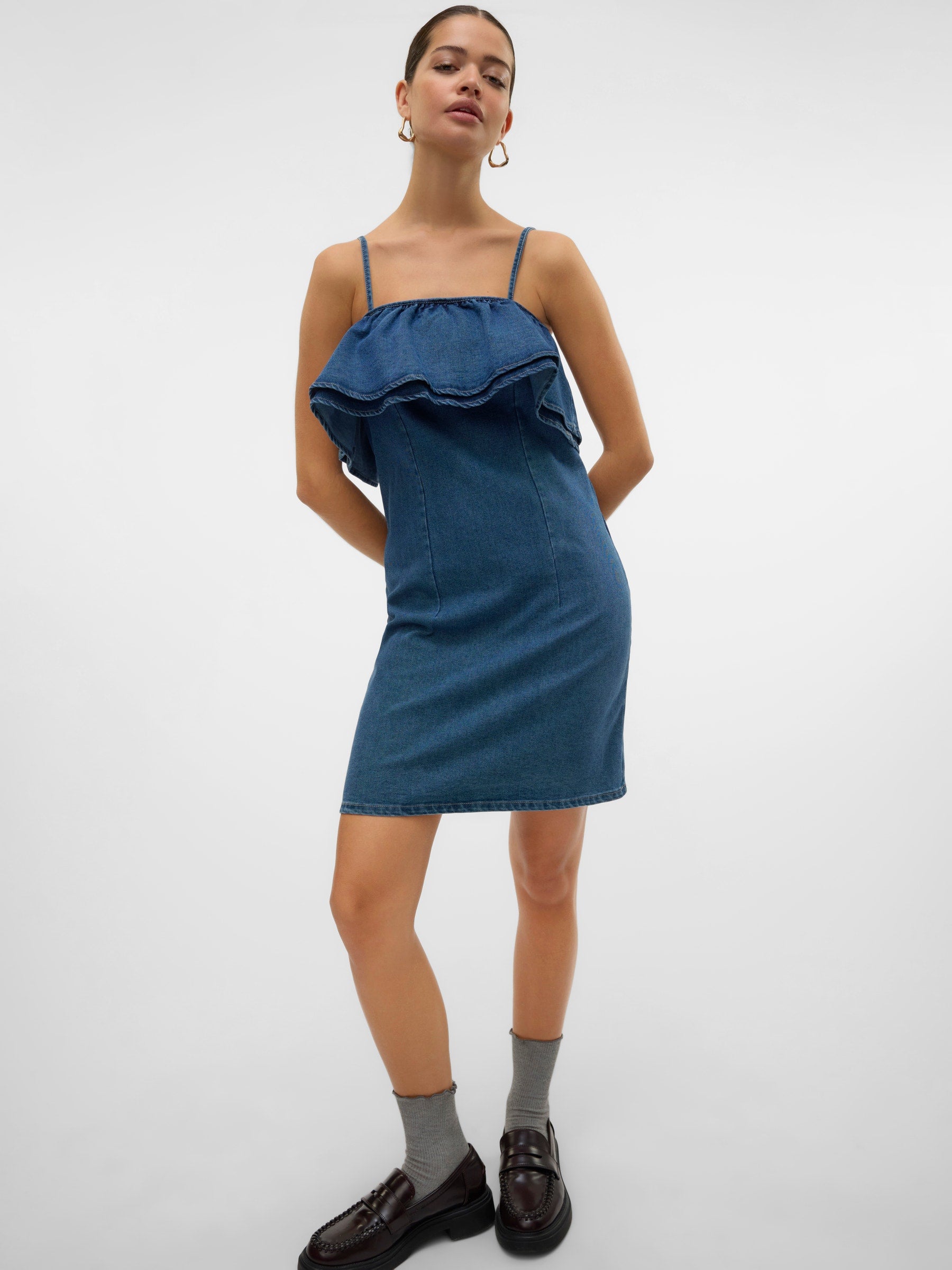 VERO MODA VMANNY frill short dress in medium blue - Image 6