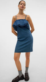 VERO MODA VMANNY frill short dress in medium blue - Image 6