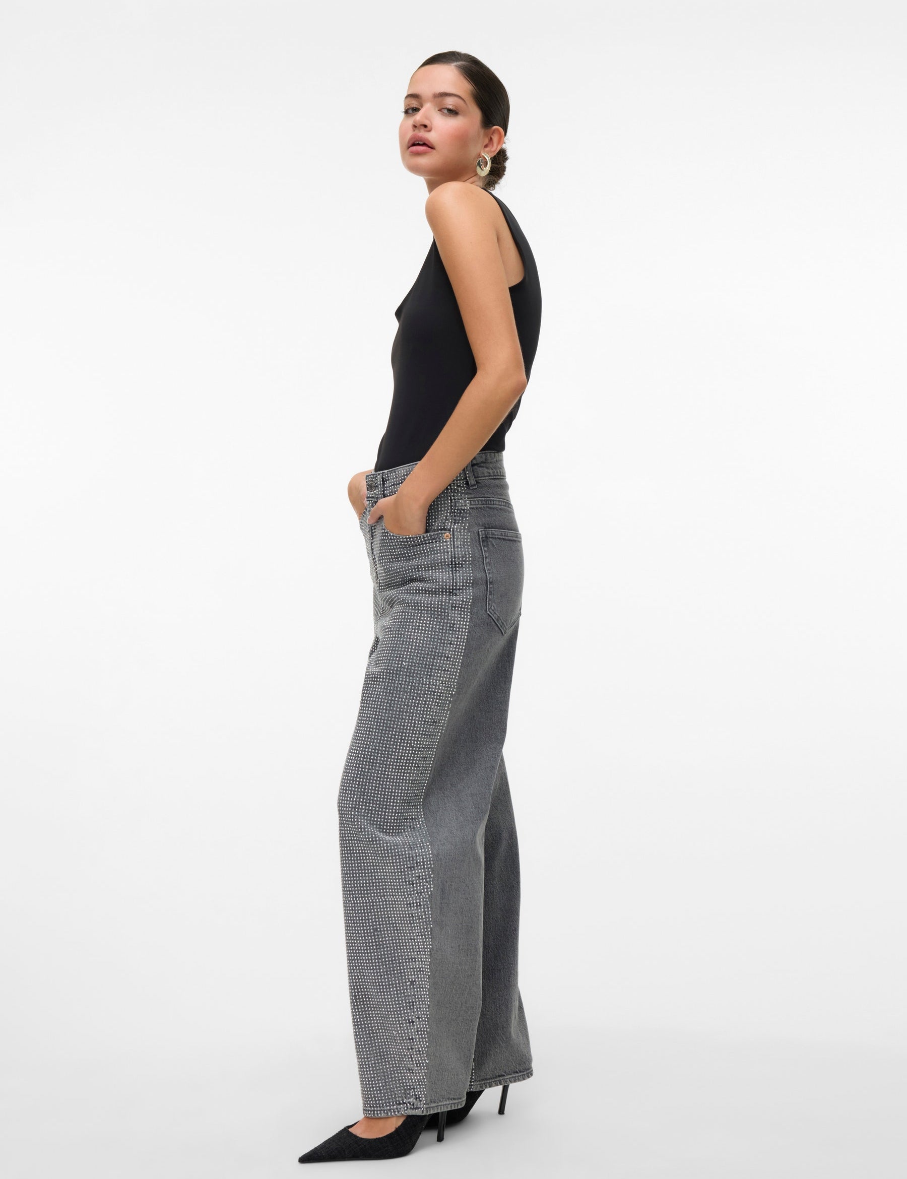 VERO MODA VMBILLIE barrel ank rhine in medium grey denim rhinestone - Image 1