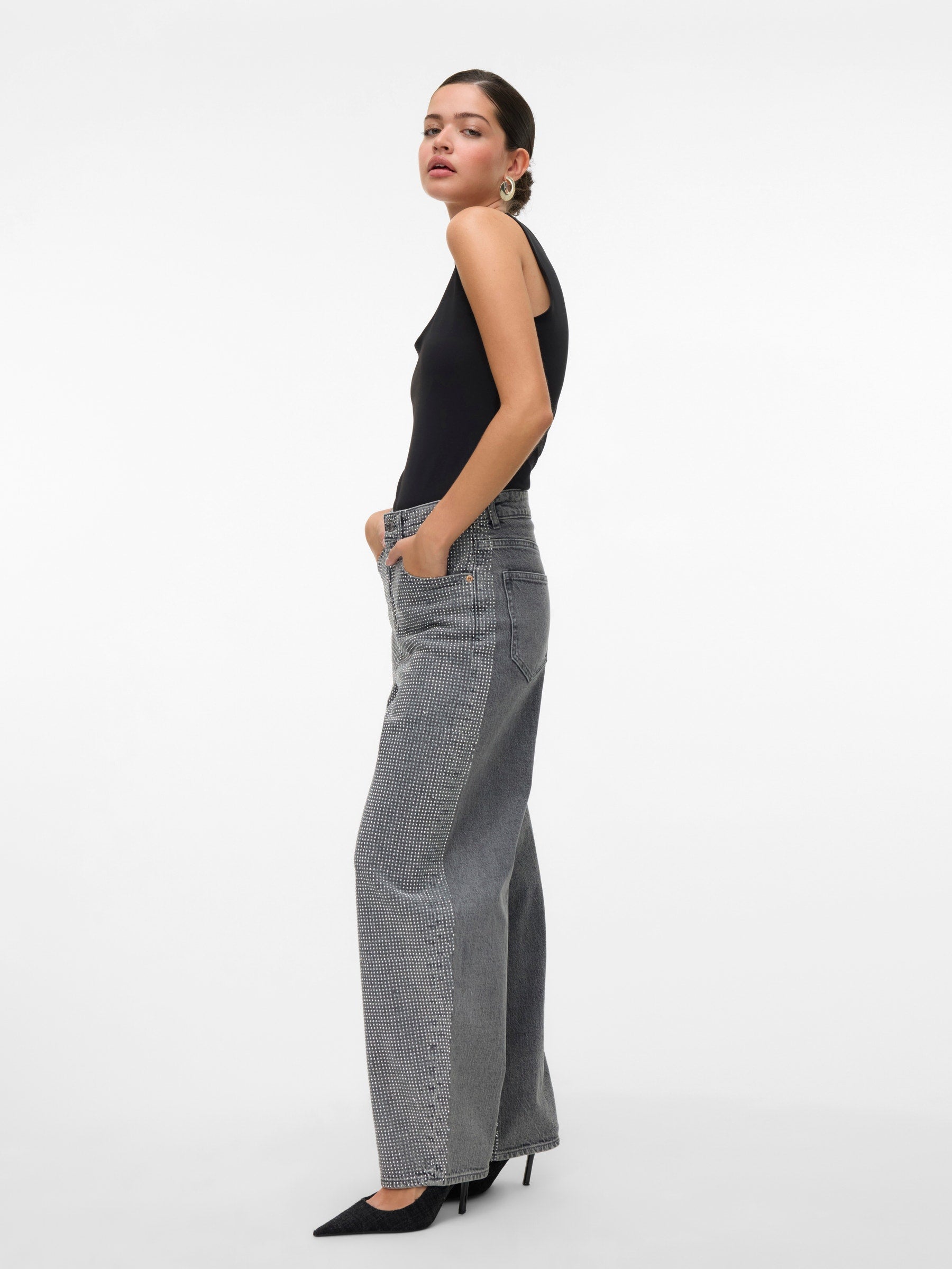 VERO MODA VMBILLIE barrel ank rhine in medium grey denim rhinestone - Image 1