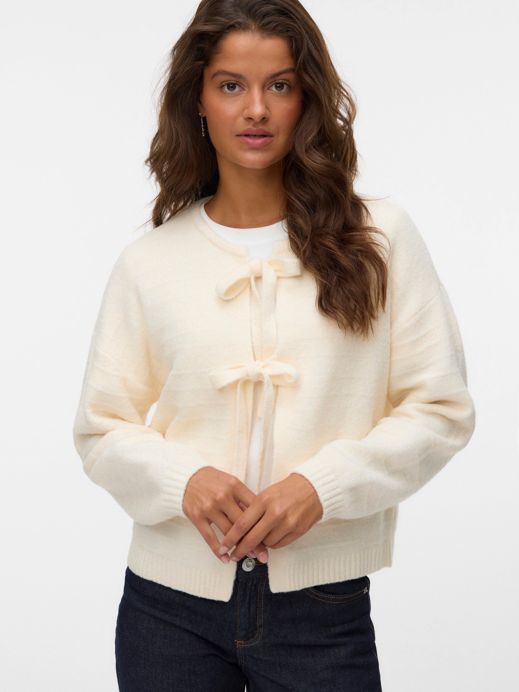 VERO MODA VMBOOM structure o-neck tie card boo in medium grey melange - Image 4