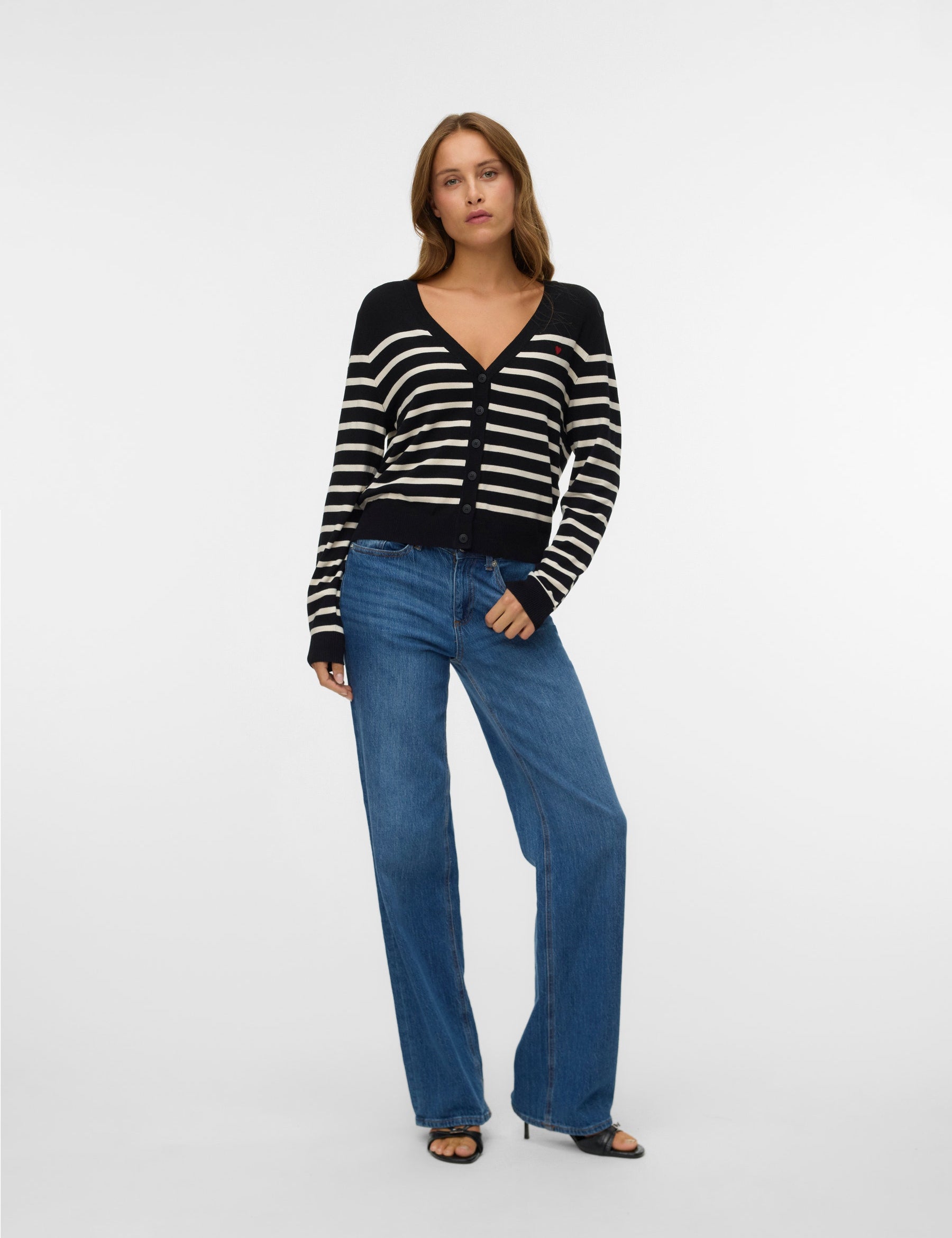 VERO MODA VMDORY v-neck cardigan boo in black w. birch + ribbon red detail - Image 1