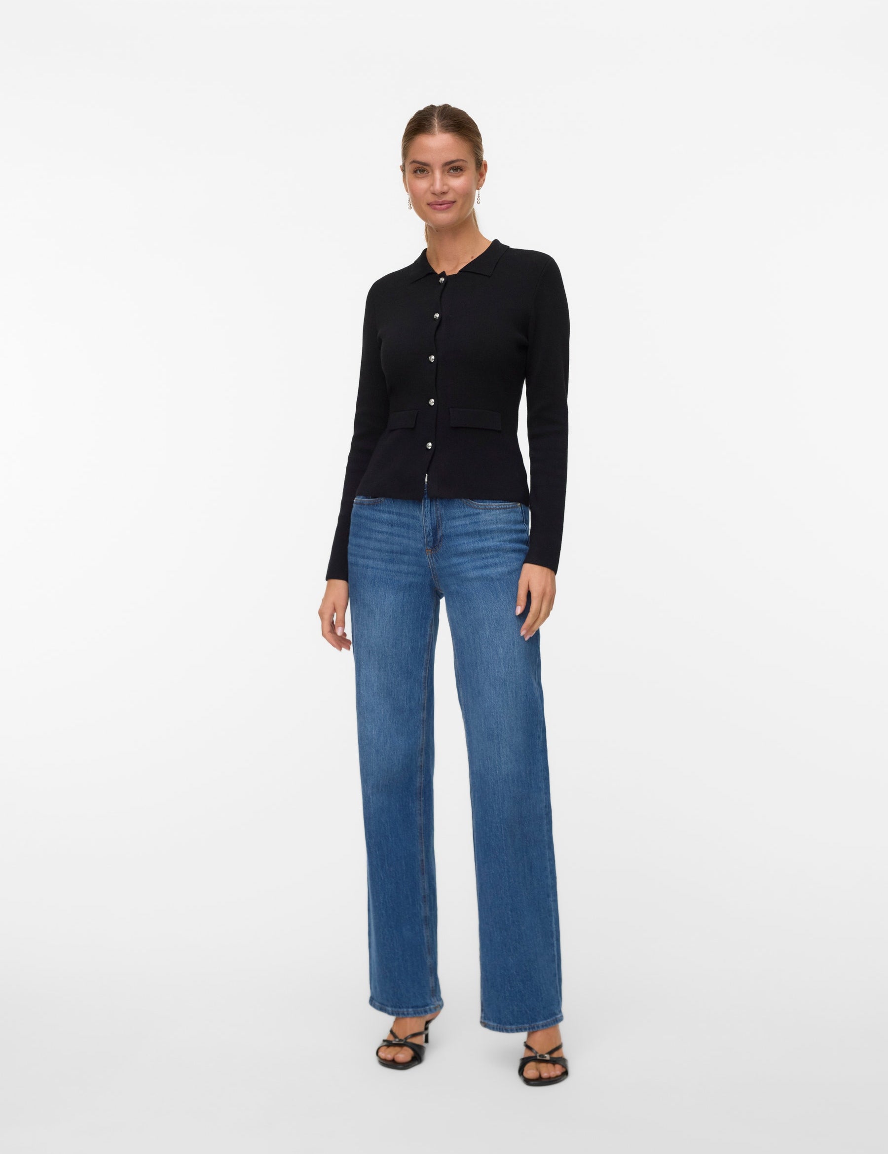VERO MODA VMELISE poloneck cardigan in black w. silver buttons - Image 1