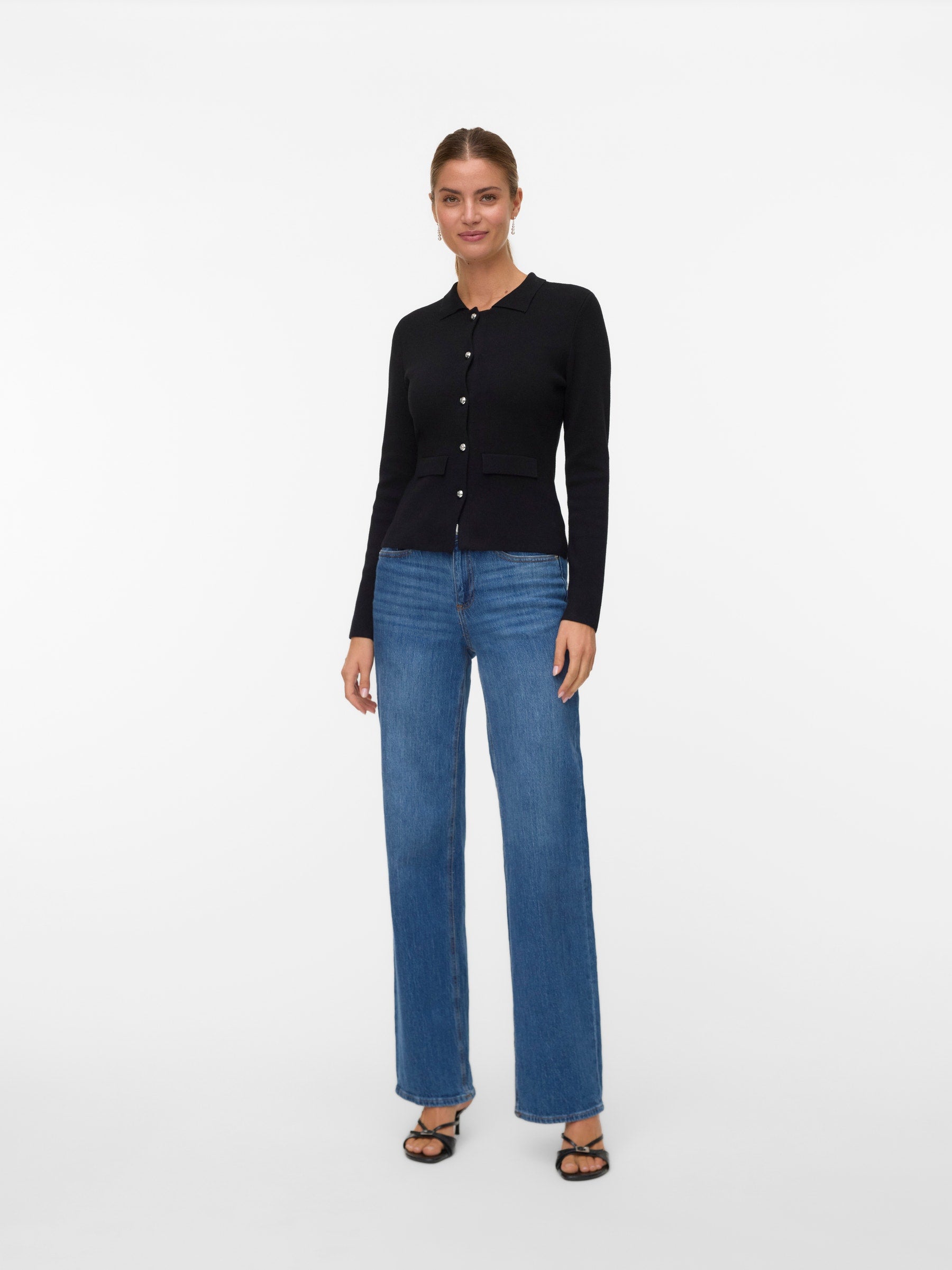 VERO MODA VMELISE poloneck cardigan in black w. silver buttons - Image 1