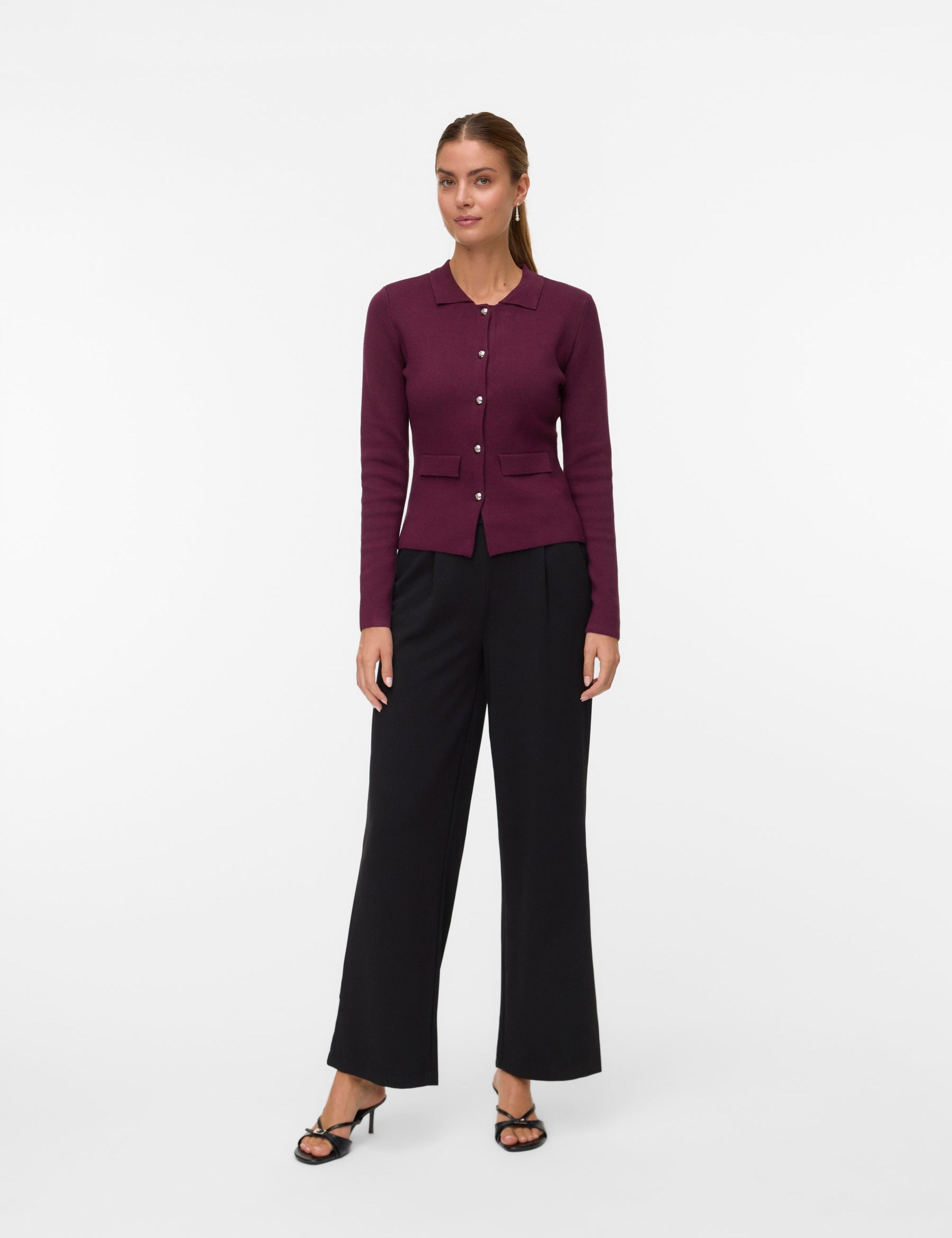 VERO MODA VMELISE poloneck cardigan in winetasting w. silver buttons - Image 1