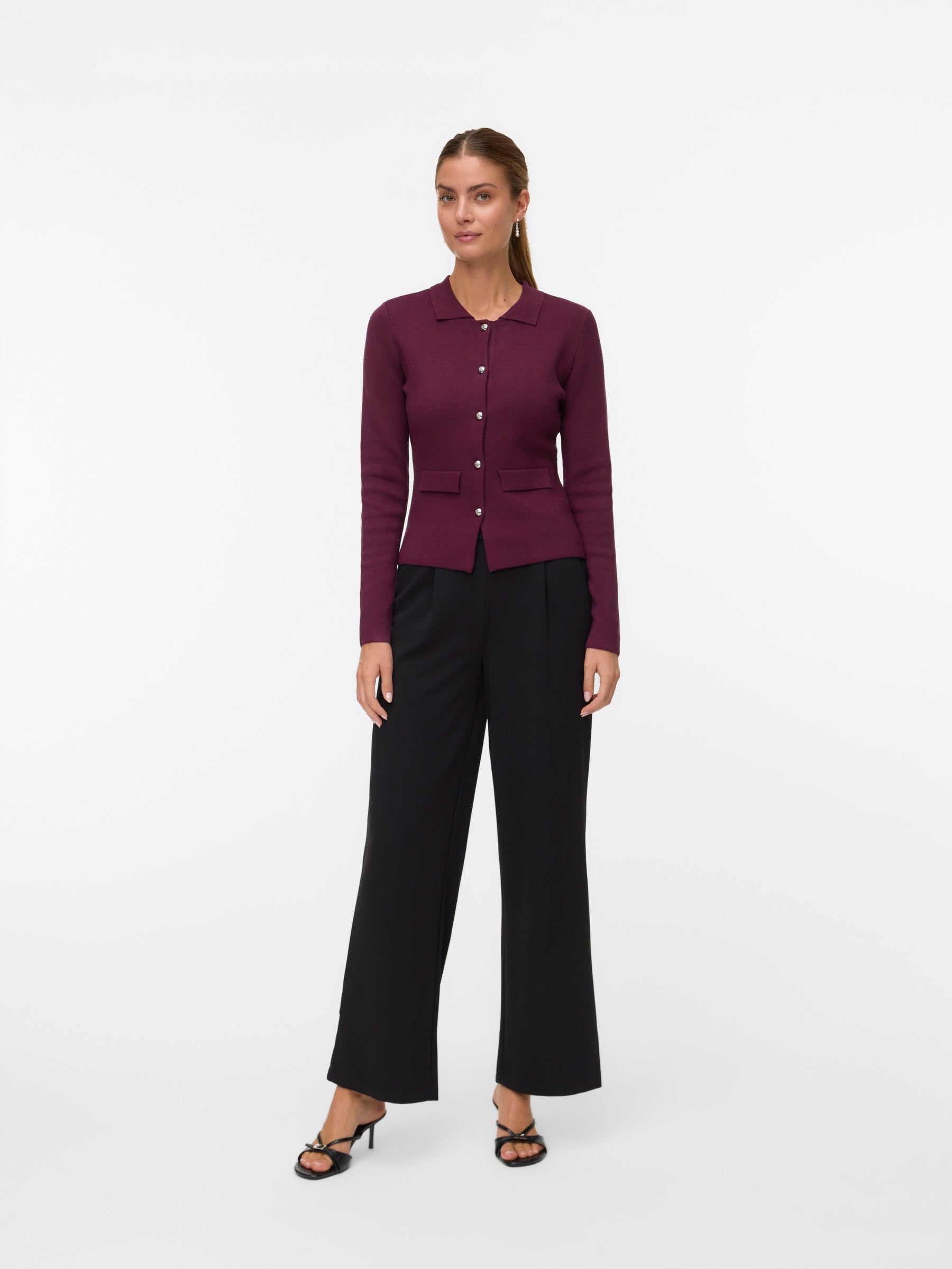 VERO MODA VMELISE poloneck cardigan in winetasting w. silver buttons - Image 1