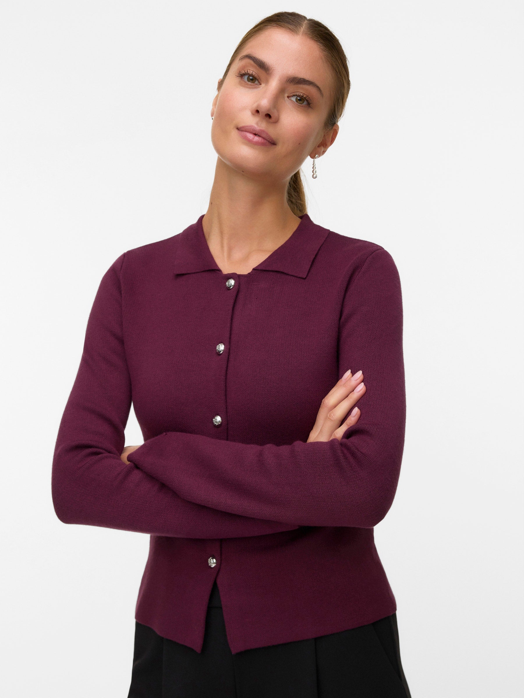 VERO MODA VMELISE poloneck cardigan in winetasting w. silver buttons - Image 4