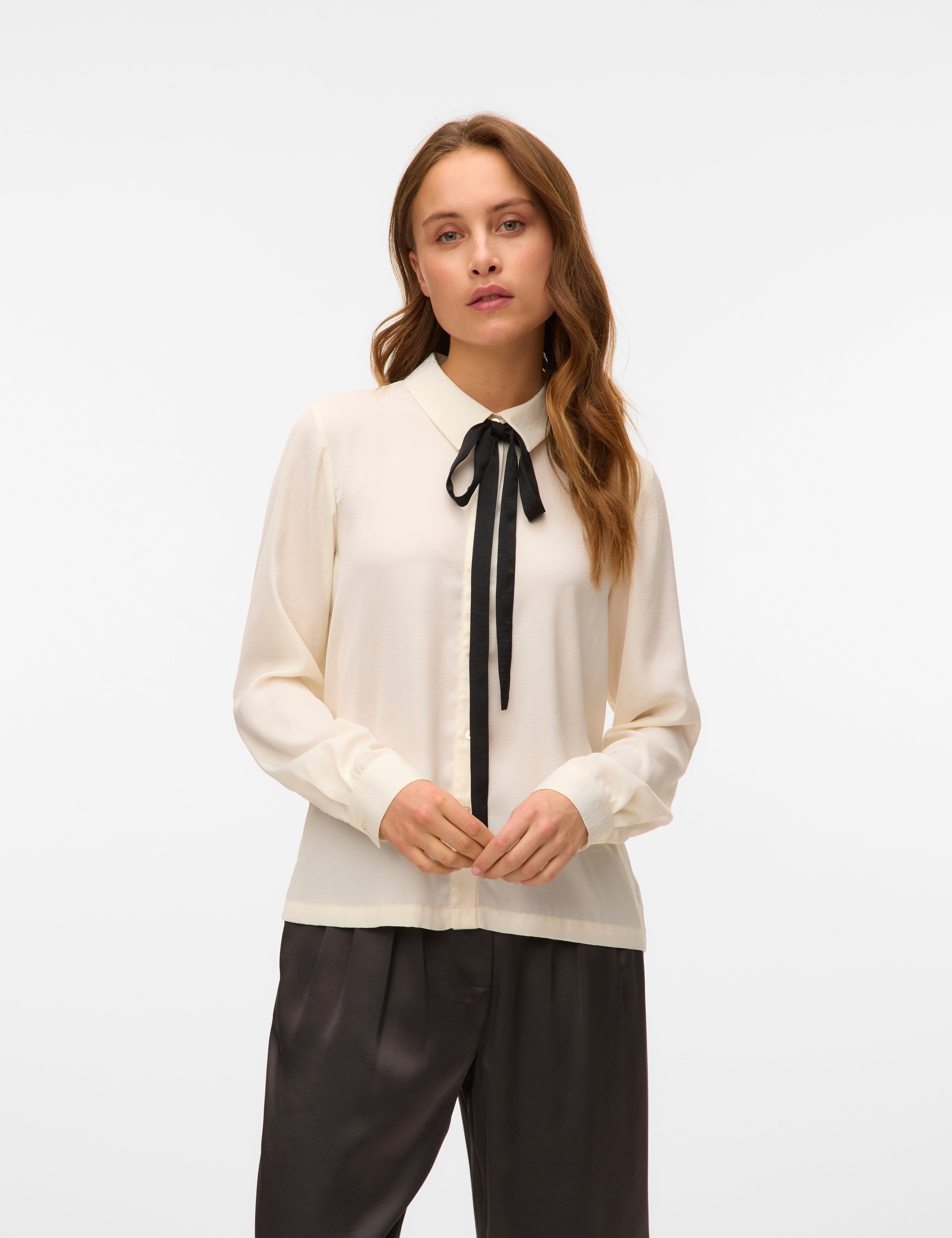 VERO MODA VMGRETCHEN shirt in cloud dancer black tie in neck - Image 1