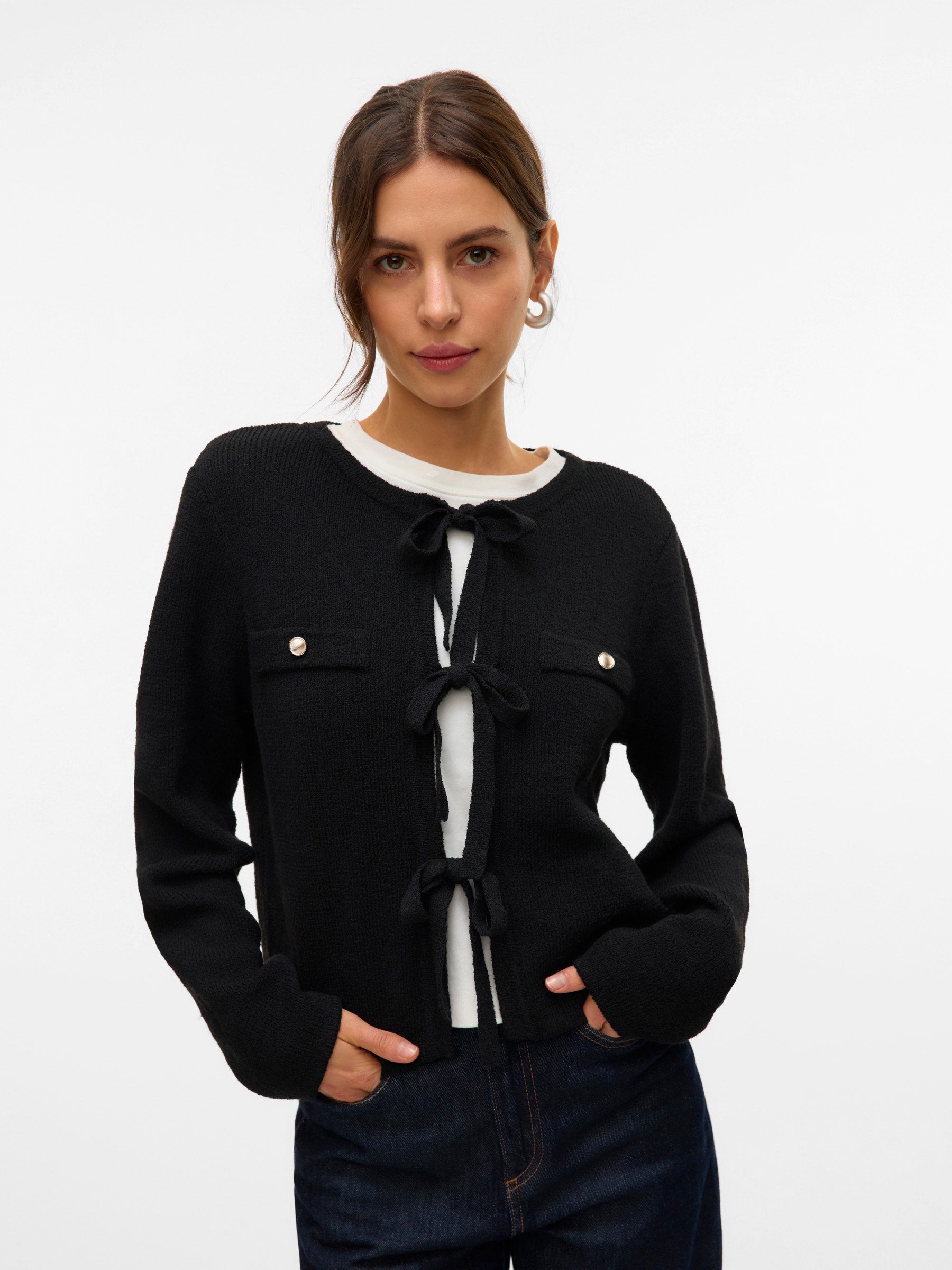 VERO MODA VMHILDUR bow cardigan in black - Image 5
