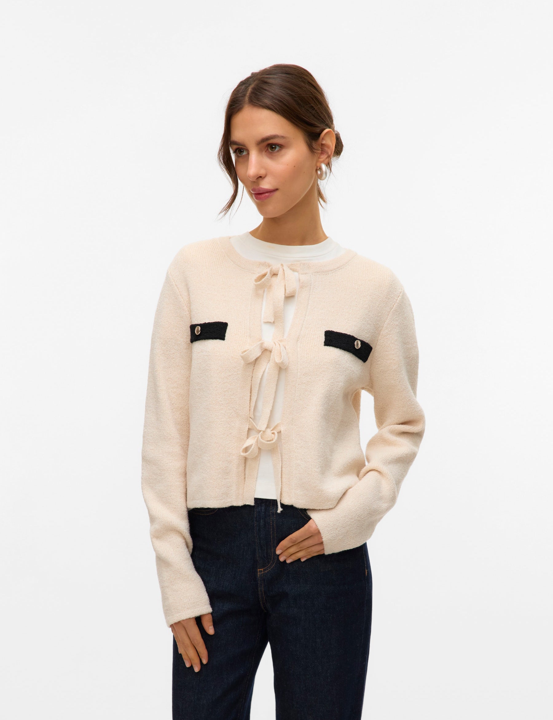 VERO MODA VMHILDUR bow cardigan in birch - Image 1