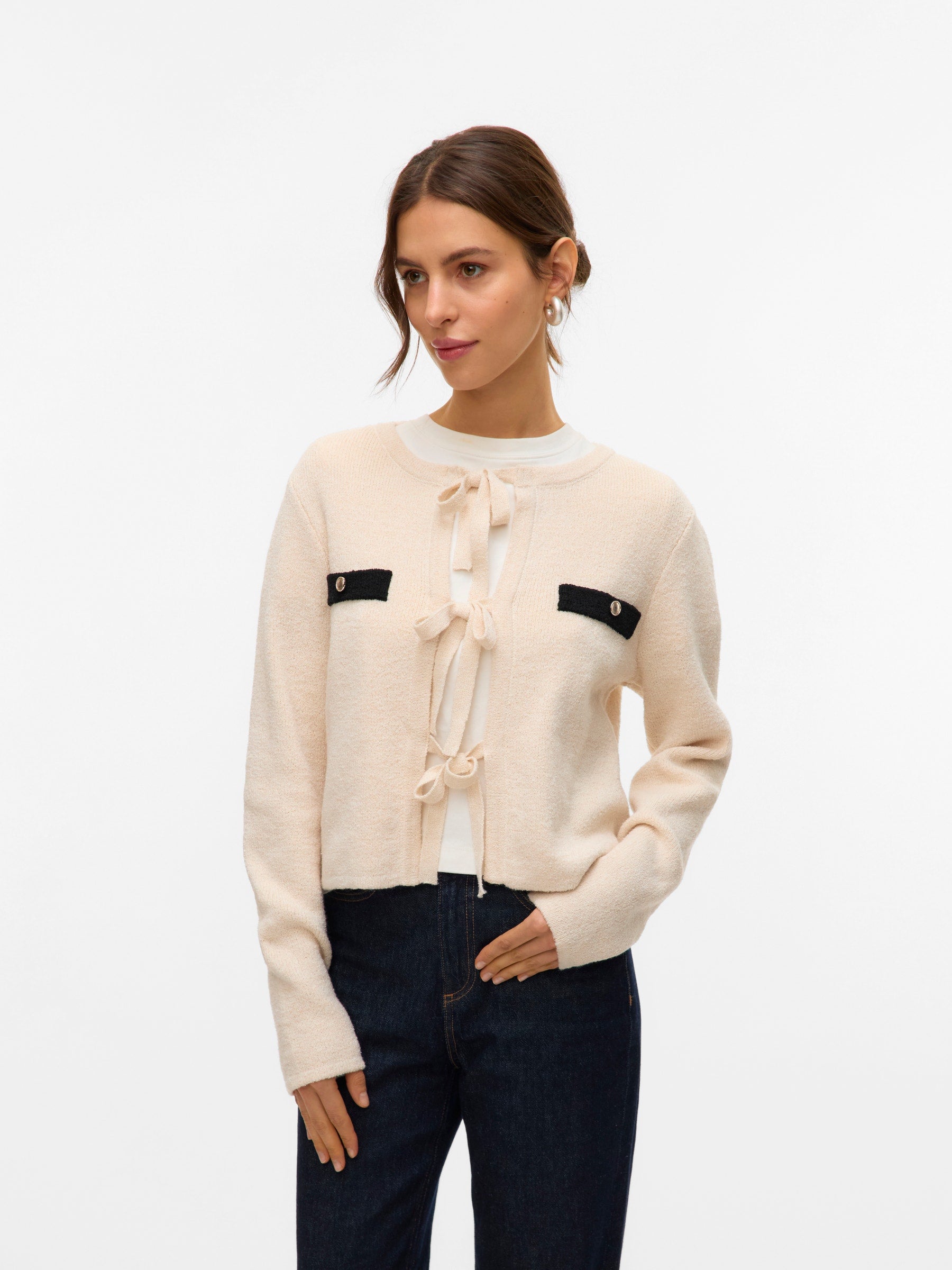 VERO MODA VMHILDUR bow cardigan in birch - Image 1
