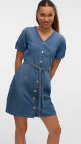 VERO MODA VMJANET v-neck short denim dress in medium blue - Image 5