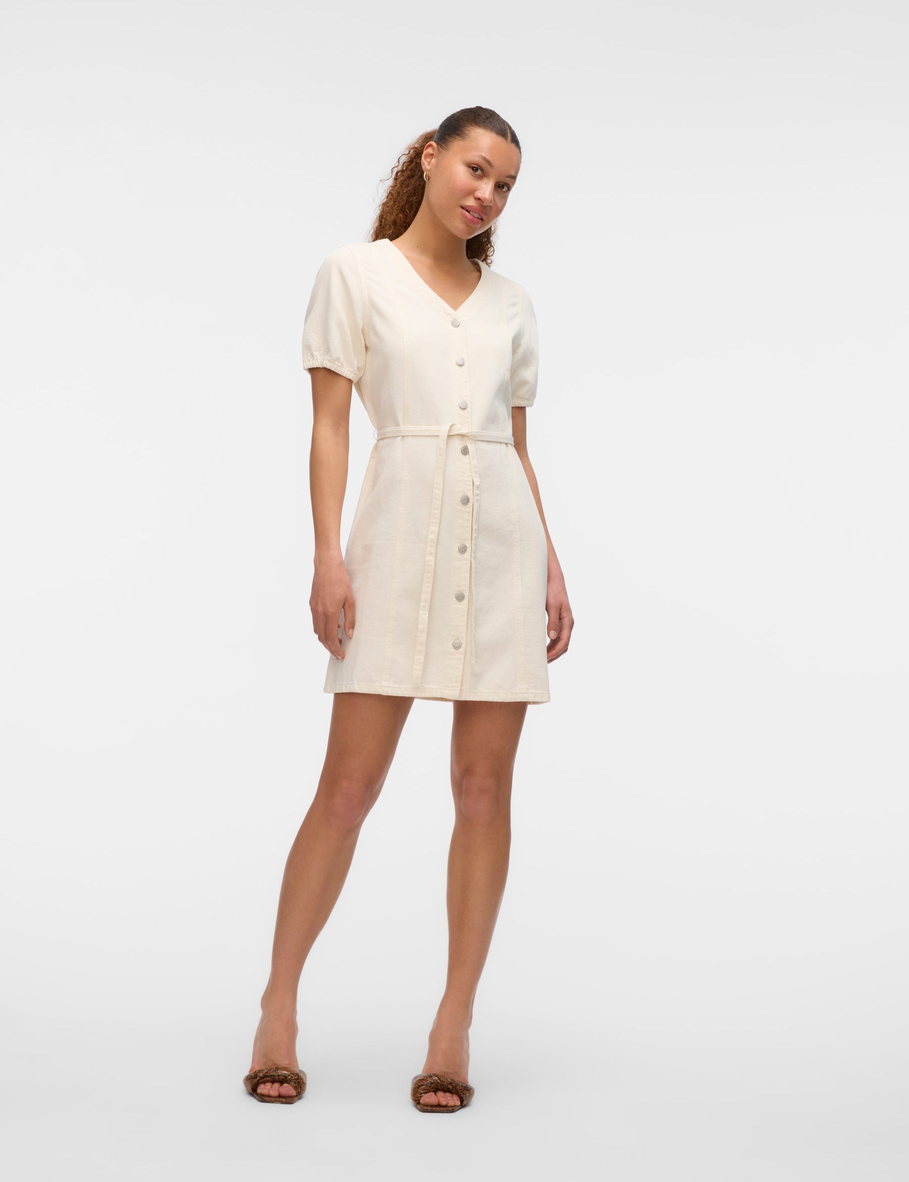 VERO MODA VMJANET v-neck short denim dress in snow white - Image 1