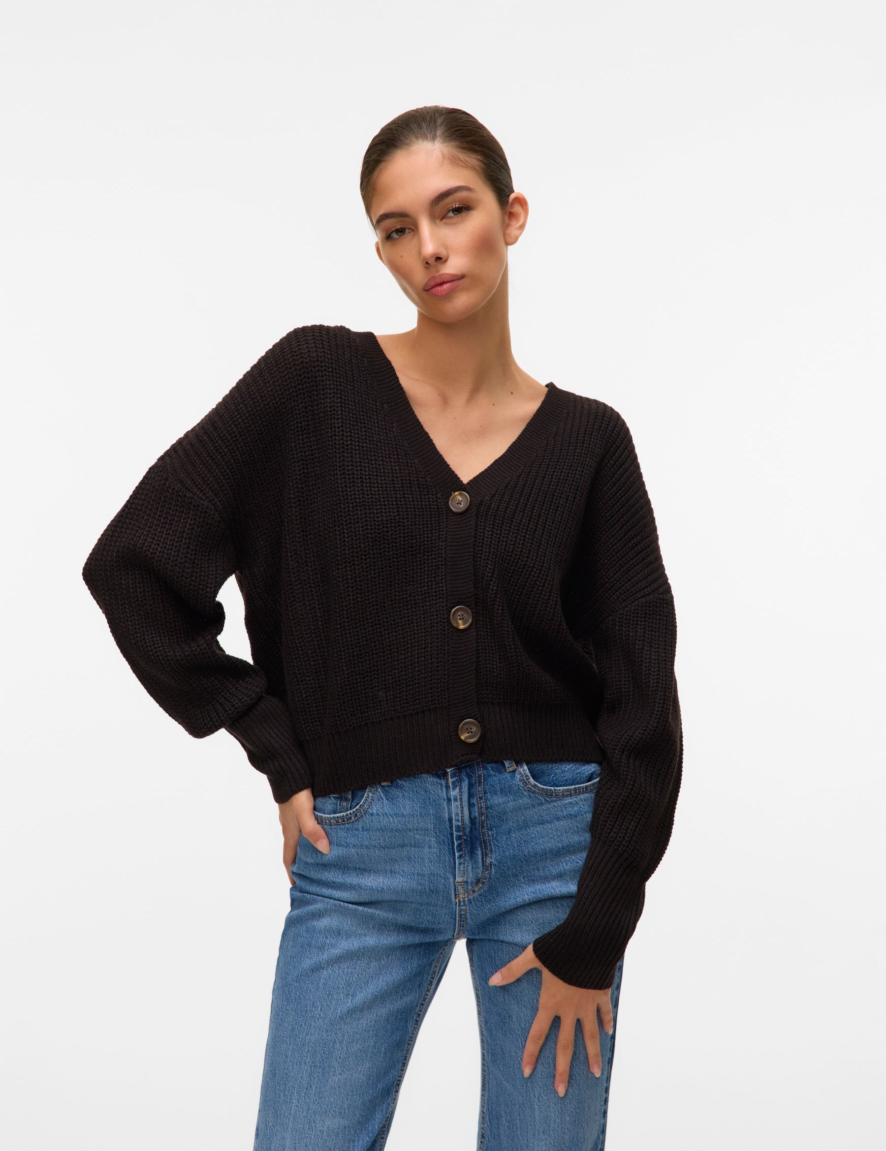 VERO MODA VMLEA v-neck cuff cardigan in black - Image 1