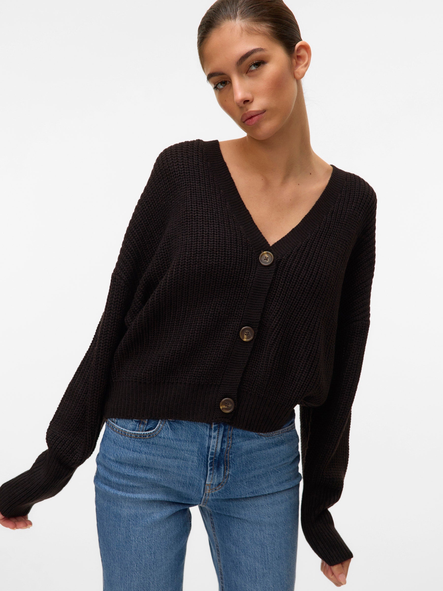 VERO MODA VMLEA v-neck cuff cardigan in black - Image 5