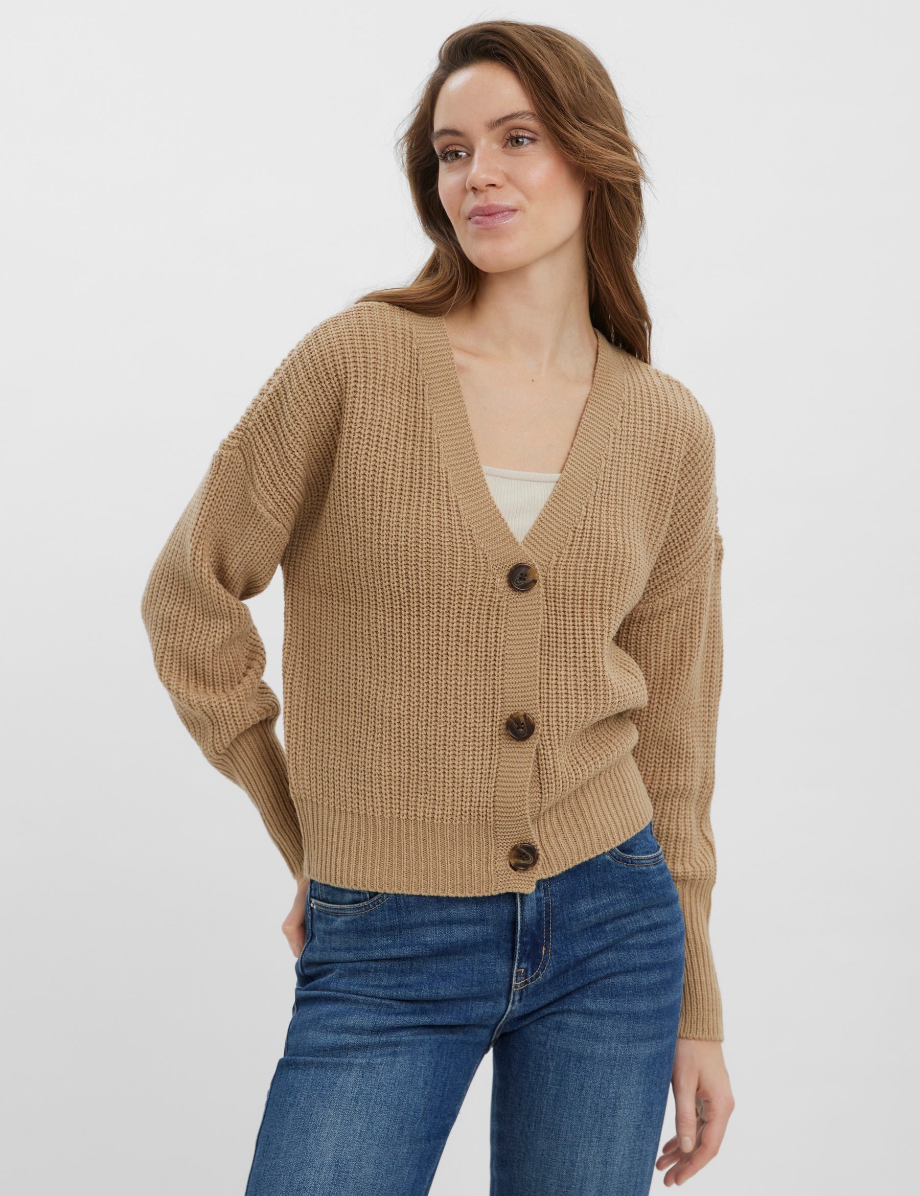 VERO MODA VMLEA v-neck cuff cardigan in nomad - Image 1