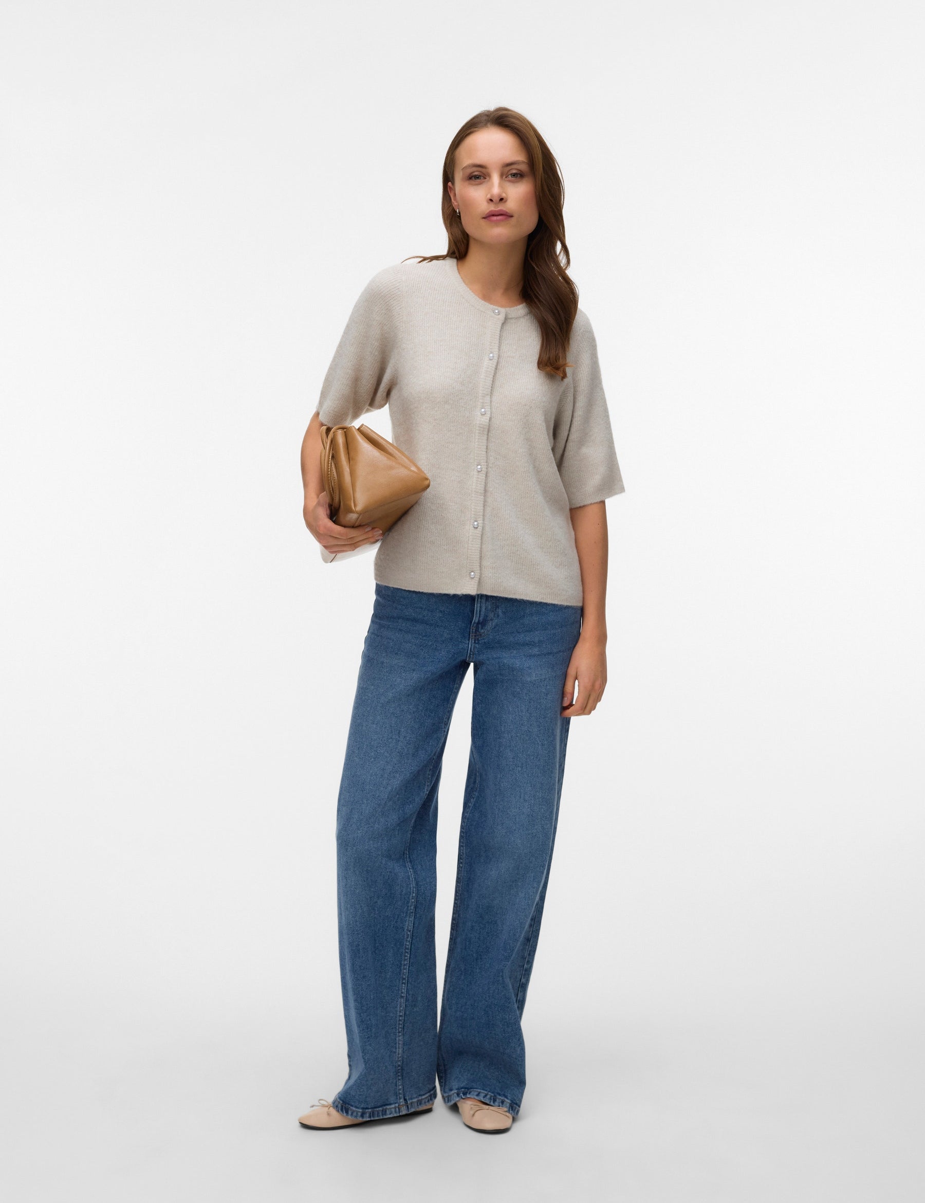 VERO MODA VMLEFILE 2/4 o-neck pearl cardigan in pumice stone melange - Image 1