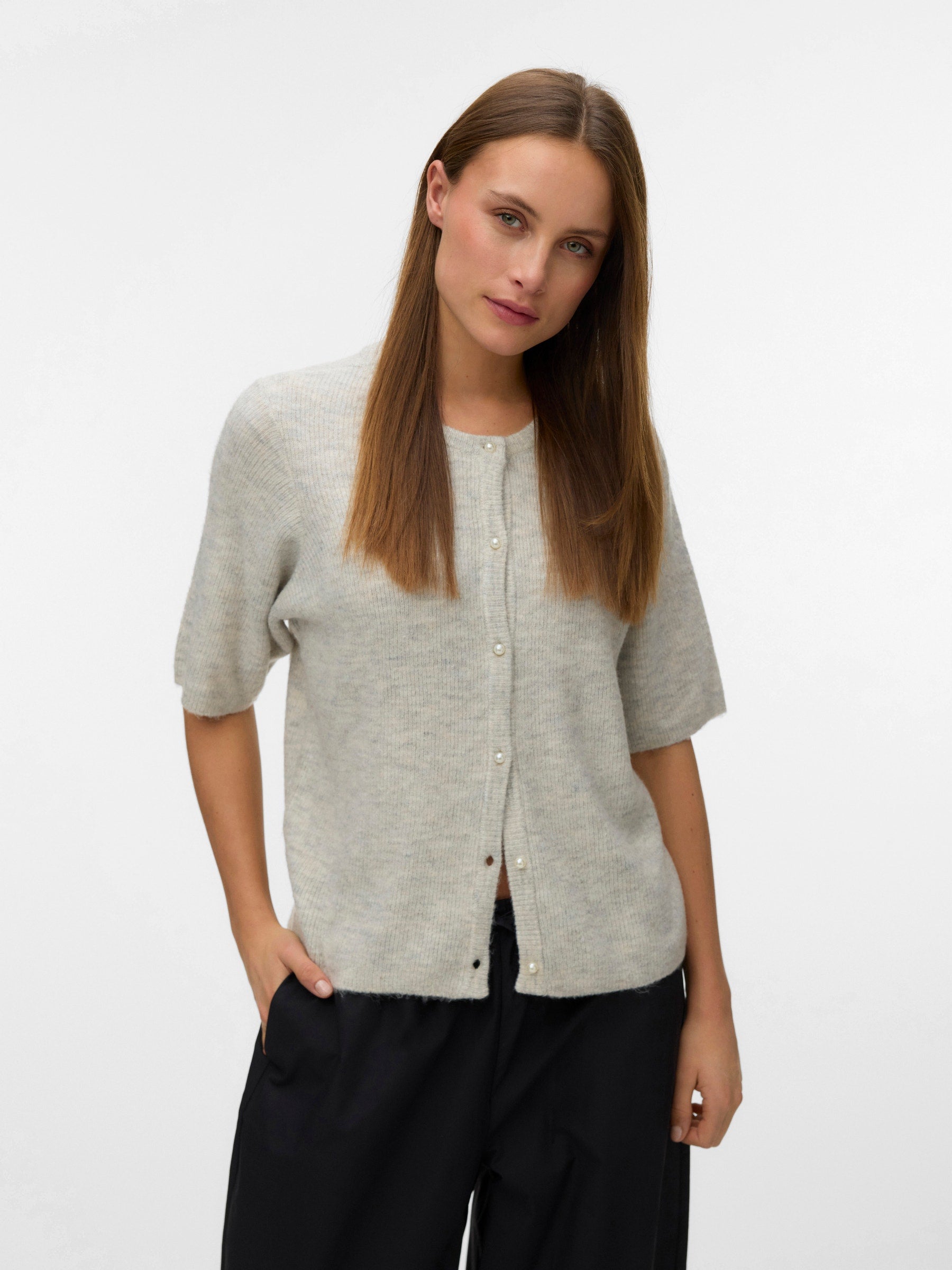 VERO MODA VMLEFILE 2/4 o-neck pearl cardigan in light grey melange - Image 4