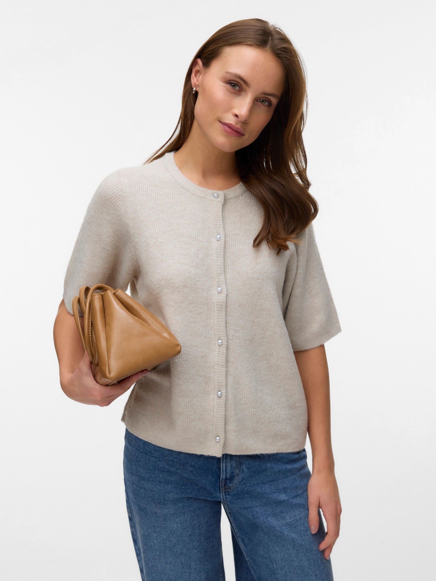 VERO MODA VMLEFILE 2/4 o-neck pearl cardigan in pumice stone melange - Image 4